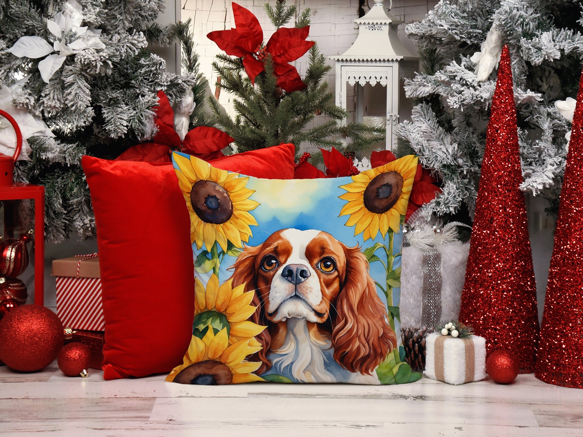 Cavalier Spaniel in Sunflowers Decorative Throw Pillow 14x14 Indoor Outdoor Accent Cushion, Fabric Cover with Insert for Sofa, Bed, Porch & Living Room