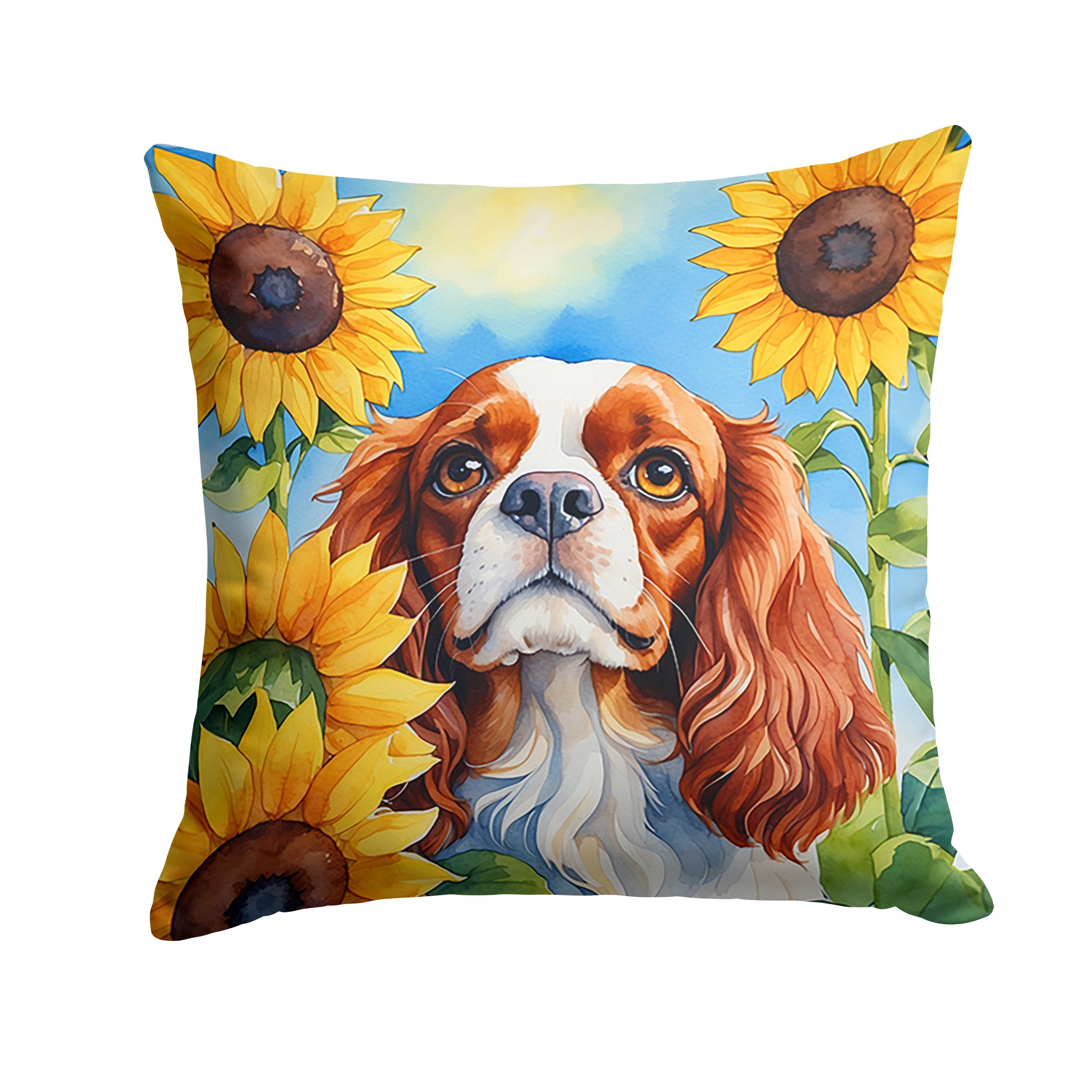 Cavalier Spaniel in Sunflowers Decorative Throw Pillow 18x18 Indoor Outdoor Accent Cushion, Fabric Cover with Insert for Sofa, Bed, Porch & Living Room