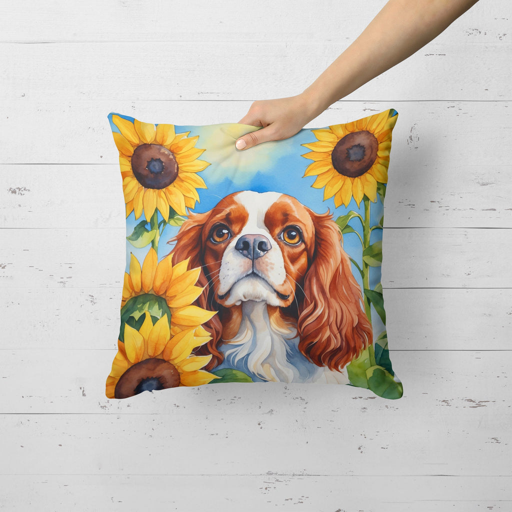 Cavalier Spaniel in Sunflowers Decorative Throw Pillow 18x18 Indoor Outdoor Accent Cushion, Fabric Cover with Insert for Sofa, Bed, Porch & Living Room