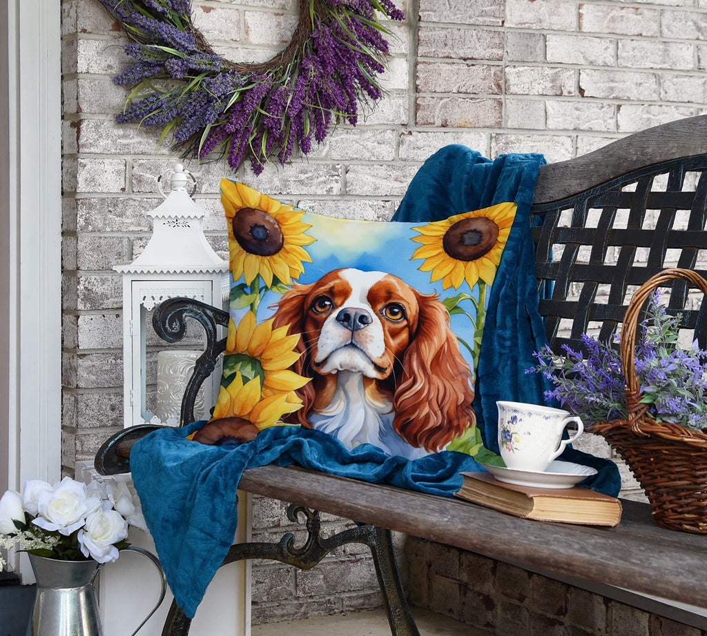 Cavalier Spaniel in Sunflowers Decorative Throw Pillow 18x18 Indoor Outdoor Accent Cushion, Fabric Cover with Insert for Sofa, Bed, Porch & Living Room