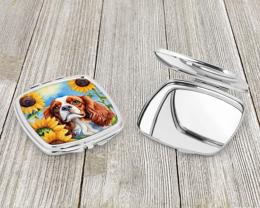 Cavalier Spaniel in Sunflowers Compact Mirror Decorative Travel Makeup Mirror for Women Girls Gifts Pocket Makeup Mirror Folding Handheld