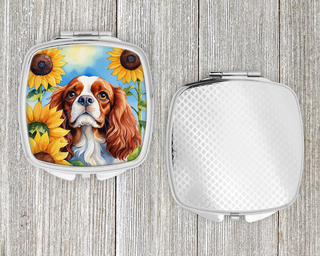 Cavalier Spaniel in Sunflowers Compact Mirror Decorative Travel Makeup Mirror for Women Girls Gifts Pocket Makeup Mirror Folding Handheld