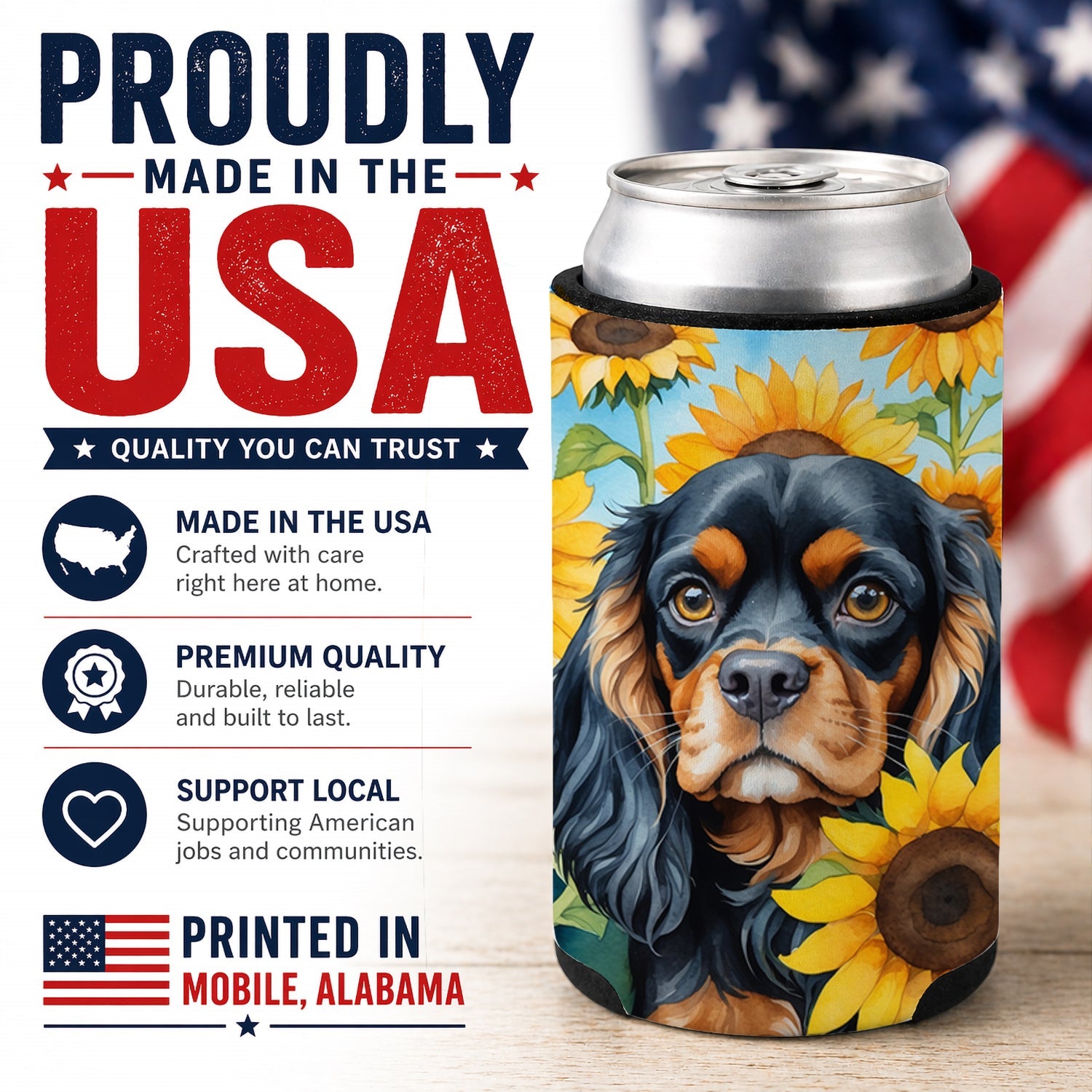 Cavalier Spaniel in Sunflowers Can or Bottle Hugger Cooler Sleeve for Standard 12 oz Cans, Insulated Foam Beer & Soda Can Hugger Reusable
