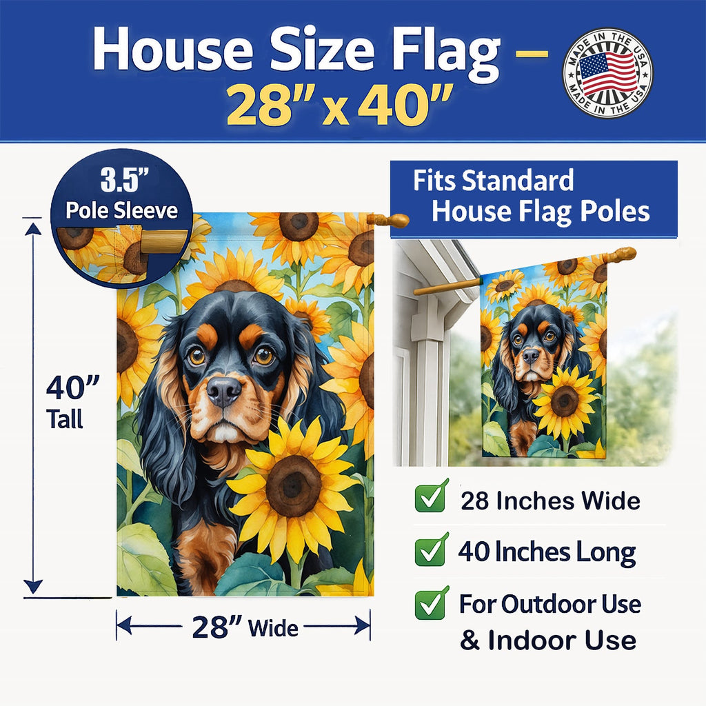 Cavalier Spaniel in Sunflowers House Flag 28x40 Porch Sleeve Pole Decorative Outside Yard Banner Artwork Wall Hanging, Polyester