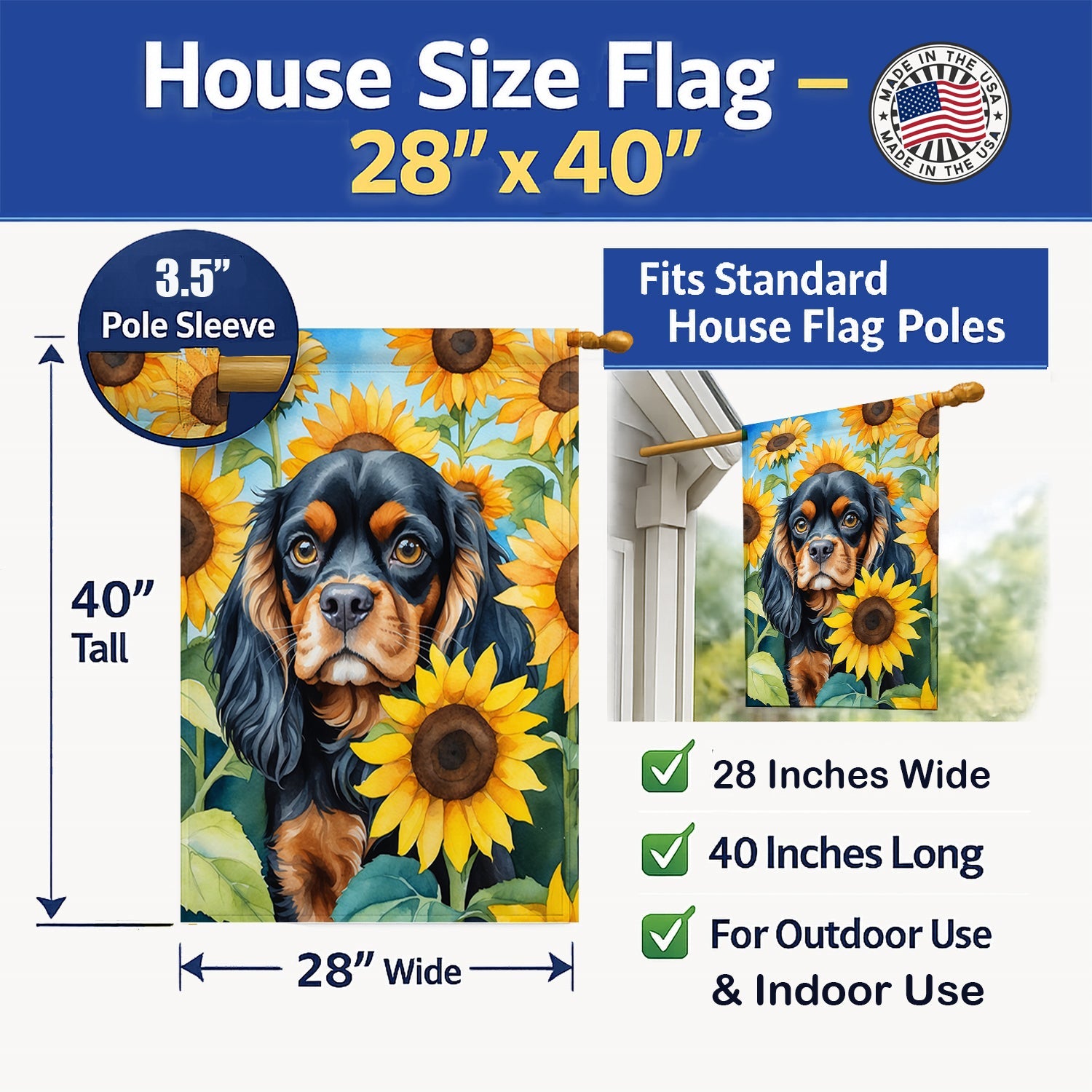 Cavalier Spaniel in Sunflowers House Flag 28x40 Porch Sleeve Pole Decorative Outside Yard Banner Artwork Wall Hanging, Polyester
