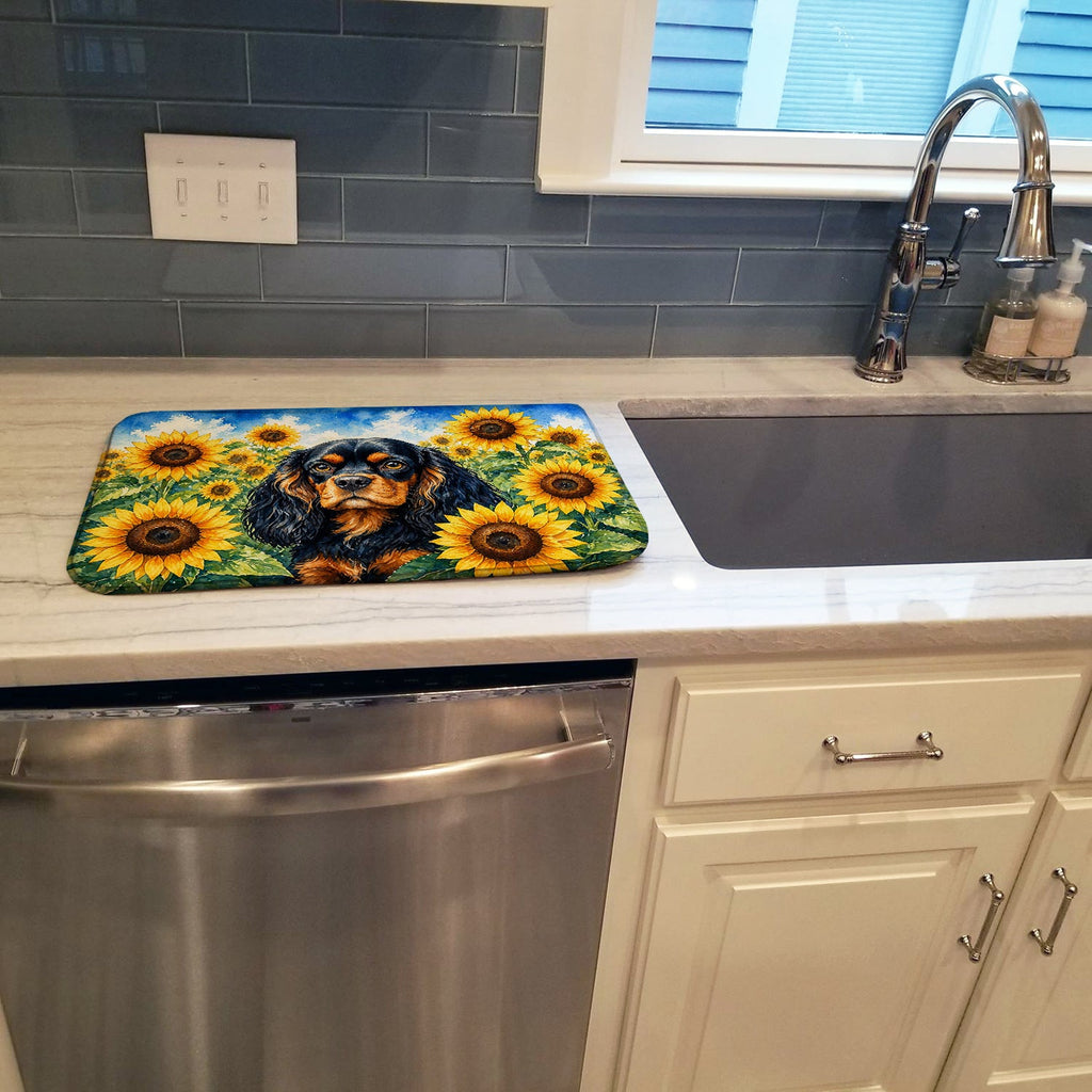 Cavalier Spaniel in Sunflowers Dish Drying Mat Absorbent Dish Drying Mat Pad for Kitchen Counter Dish Drainer Mat for Countertop, 14 x 21", Multicolor