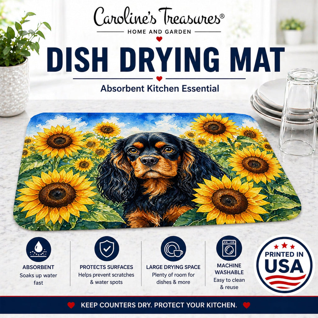 Cavalier Spaniel in Sunflowers Dish Drying Mat Absorbent Dish Drying Mat Pad for Kitchen Counter Dish Drainer Mat for Countertop, 14 x 21", Multicolor