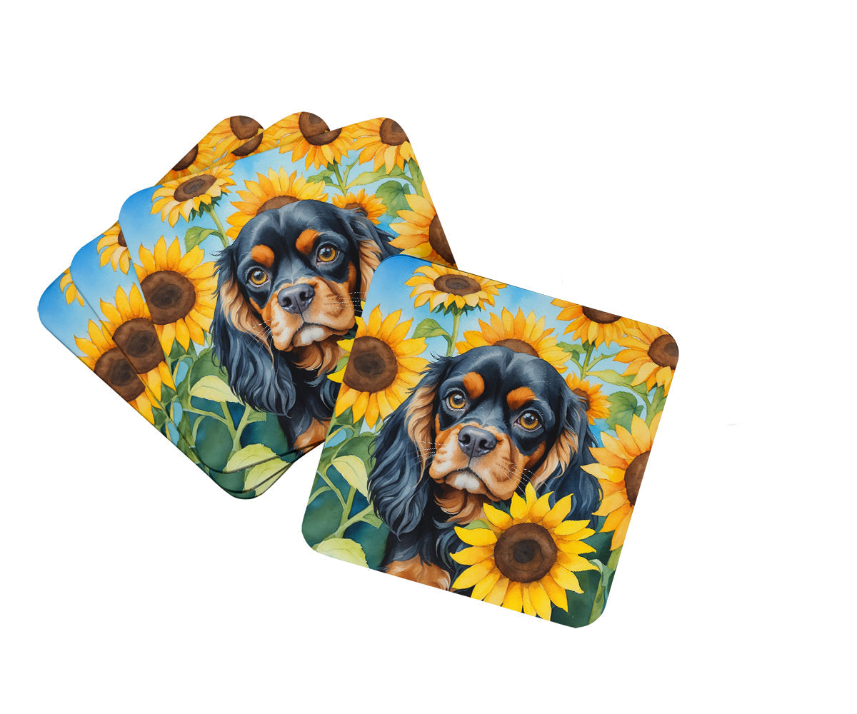 Cavalier Spaniel in Sunflowers Foam Coasters Set of 4 Cup Coasters for Indoor Outdoor, Tabletop Protection, Anti Slip, Mouse pad Material