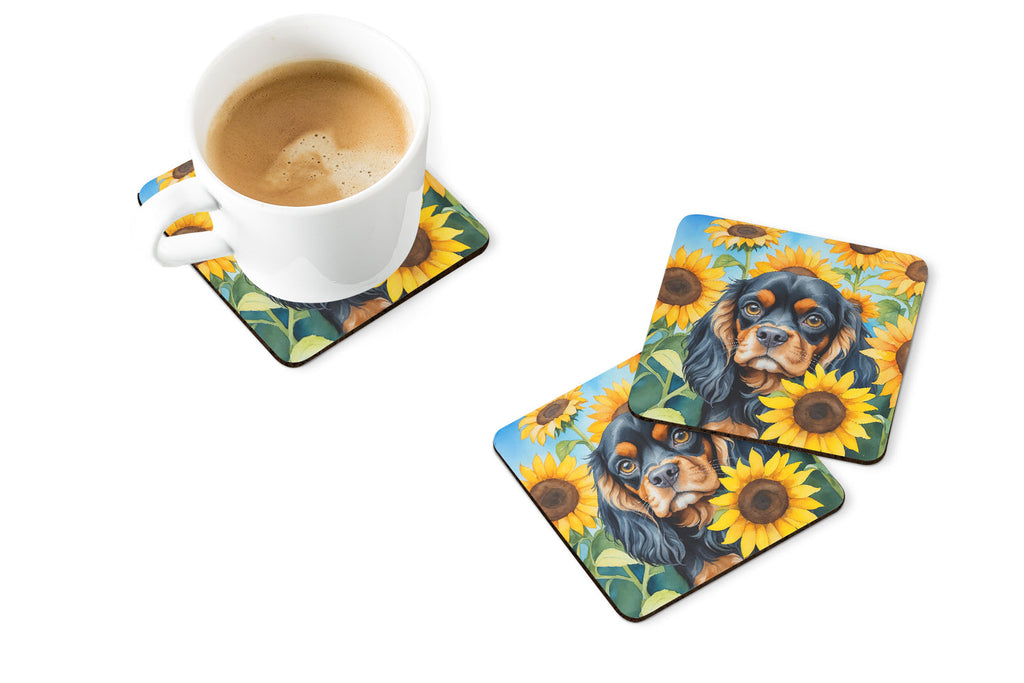 Cavalier Spaniel in Sunflowers Foam Coasters Set of 4 Cup Coasters for Indoor Outdoor, Tabletop Protection, Anti Slip, Mouse pad Material