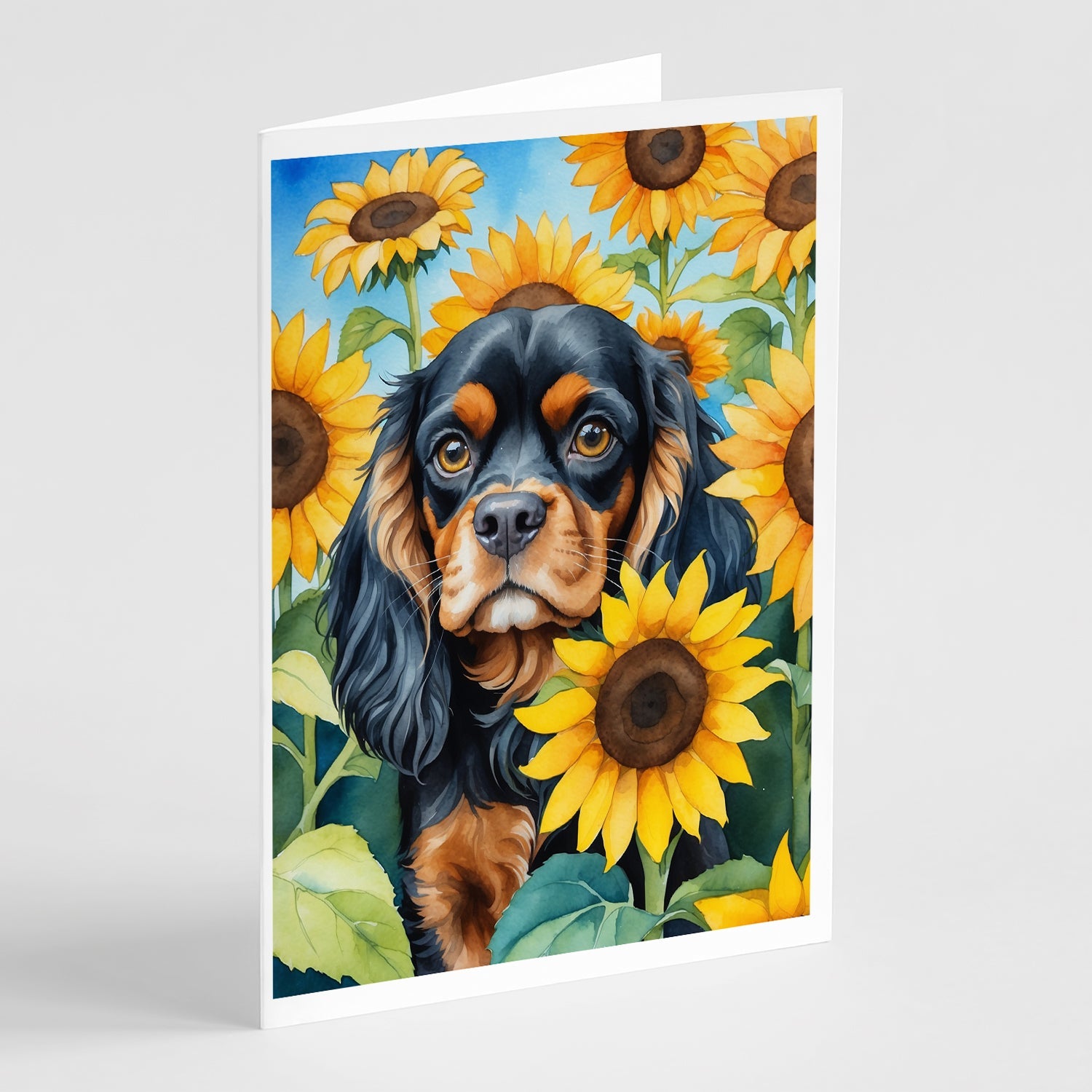 Cavalier Spaniel in Sunflowers Greeting Cards Pack of 8 Blank Cards with Envelopes Whimsical A7 Size 5x7