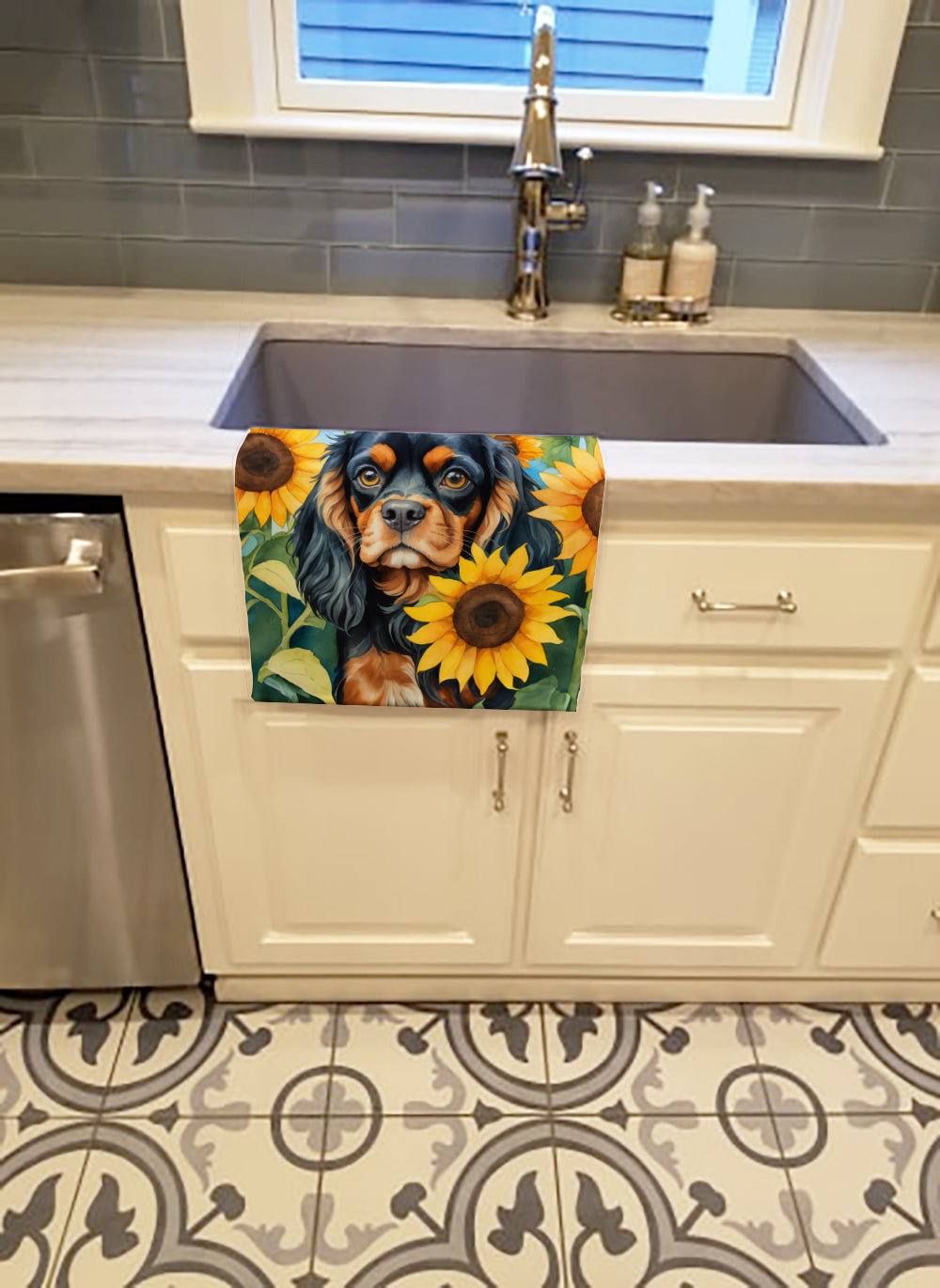 Cavalier Spaniel in Sunflowers Kitchen Towel Velour Plush Front and Cotton Loop Back Machine Washable