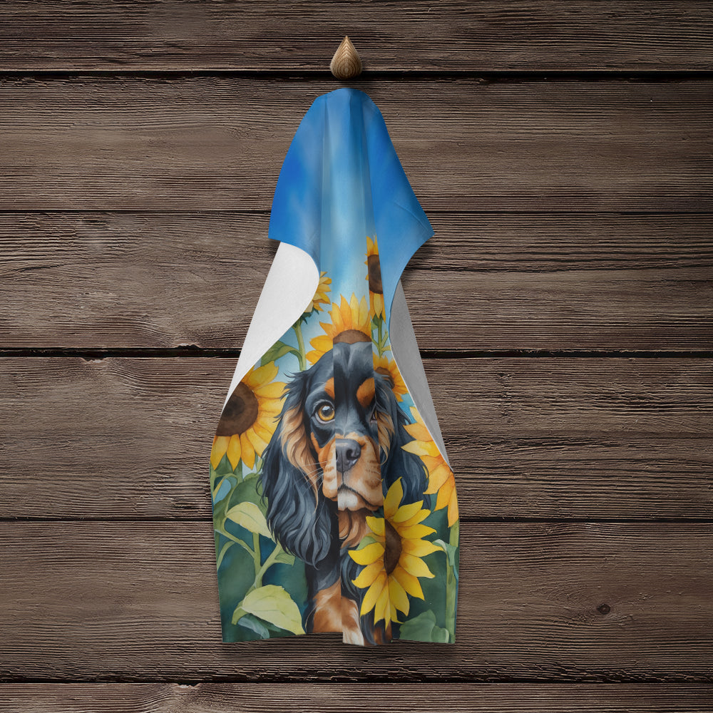Cavalier Spaniel in Sunflowers Kitchen Towel Velour Plush Front and Cotton Loop Back Machine Washable