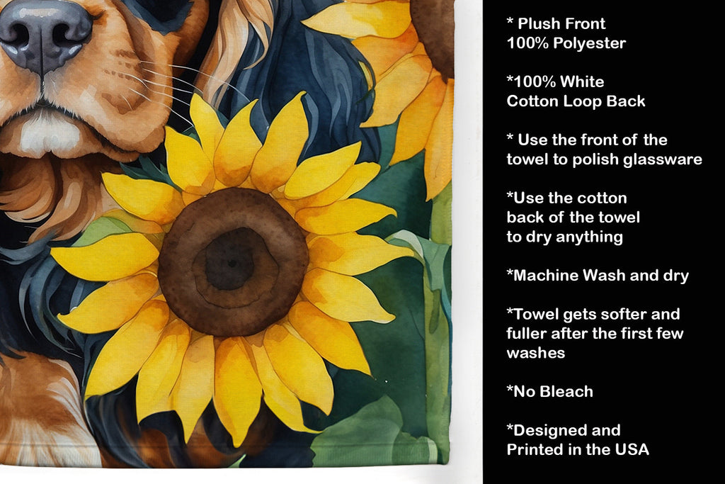 Cavalier Spaniel in Sunflowers Kitchen Towel Velour Plush Front and Cotton Loop Back Machine Washable