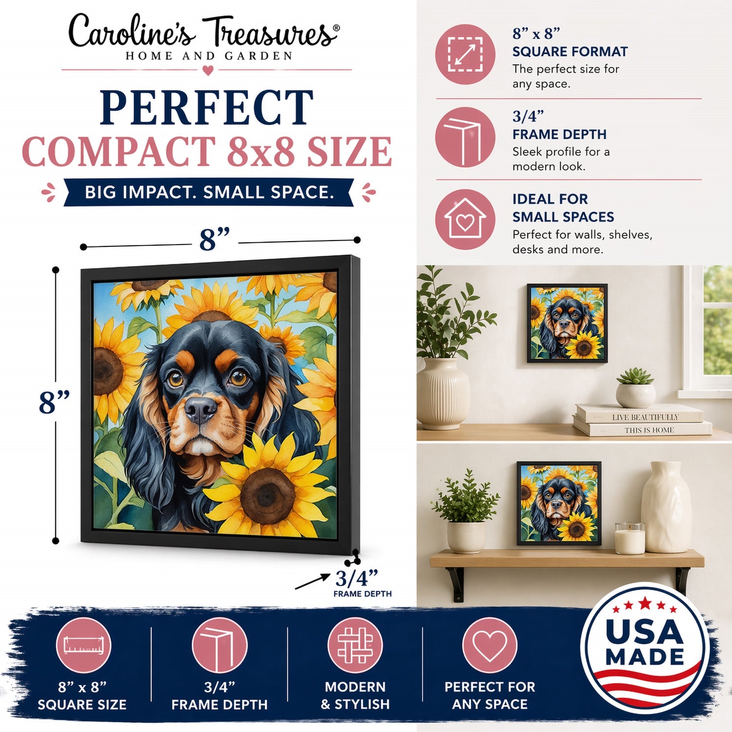 Cavalier Spaniel in Sunflowers Framed Metal Print Bathroom, Kitchen, Office, Home Decor Wall Art Ready to Hang, Square, 8X8