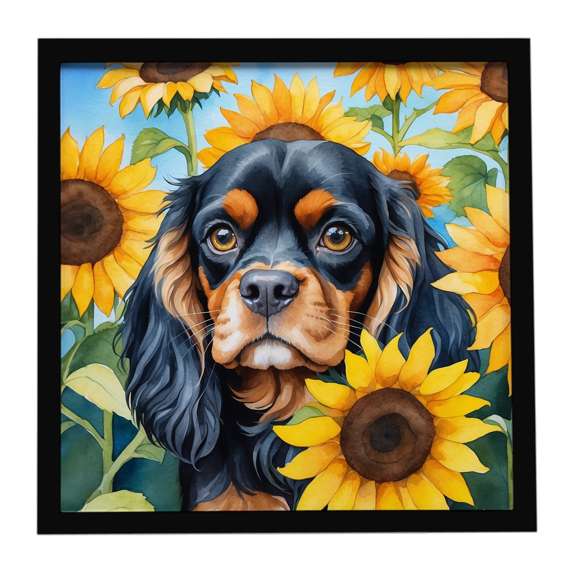 Cavalier Spaniel in Sunflowers Framed Metal Print Bathroom, Kitchen, Office, Home Decor Wall Art Ready to Hang, Square, 8X8