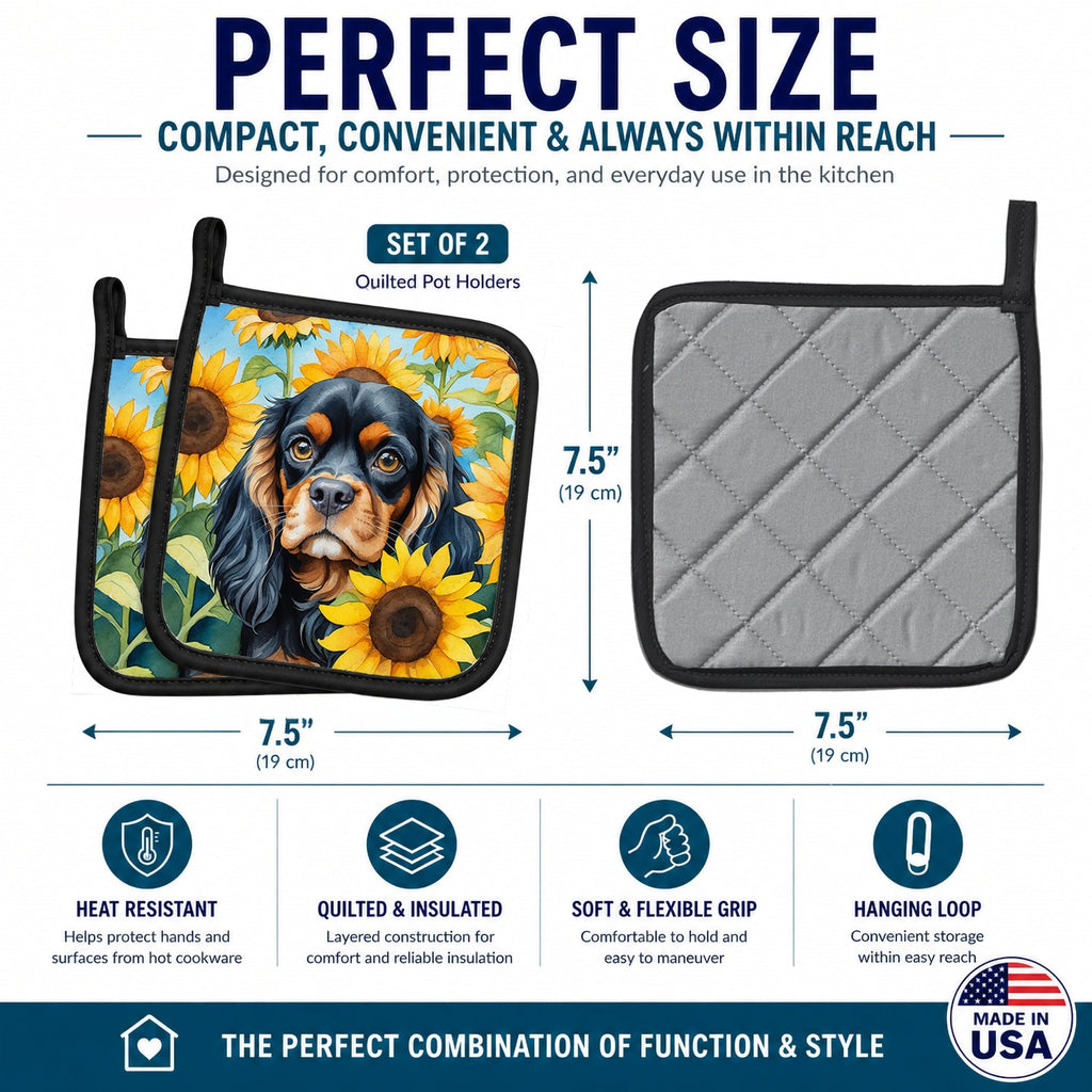 Cavalier Spaniel in Sunflowers Pot Holder Set of 2 Heat Resistant Quilted Hot Pads 7.5 x 7.5 Inch, Insulated Kitchen Trivets for Cooking & Baking
