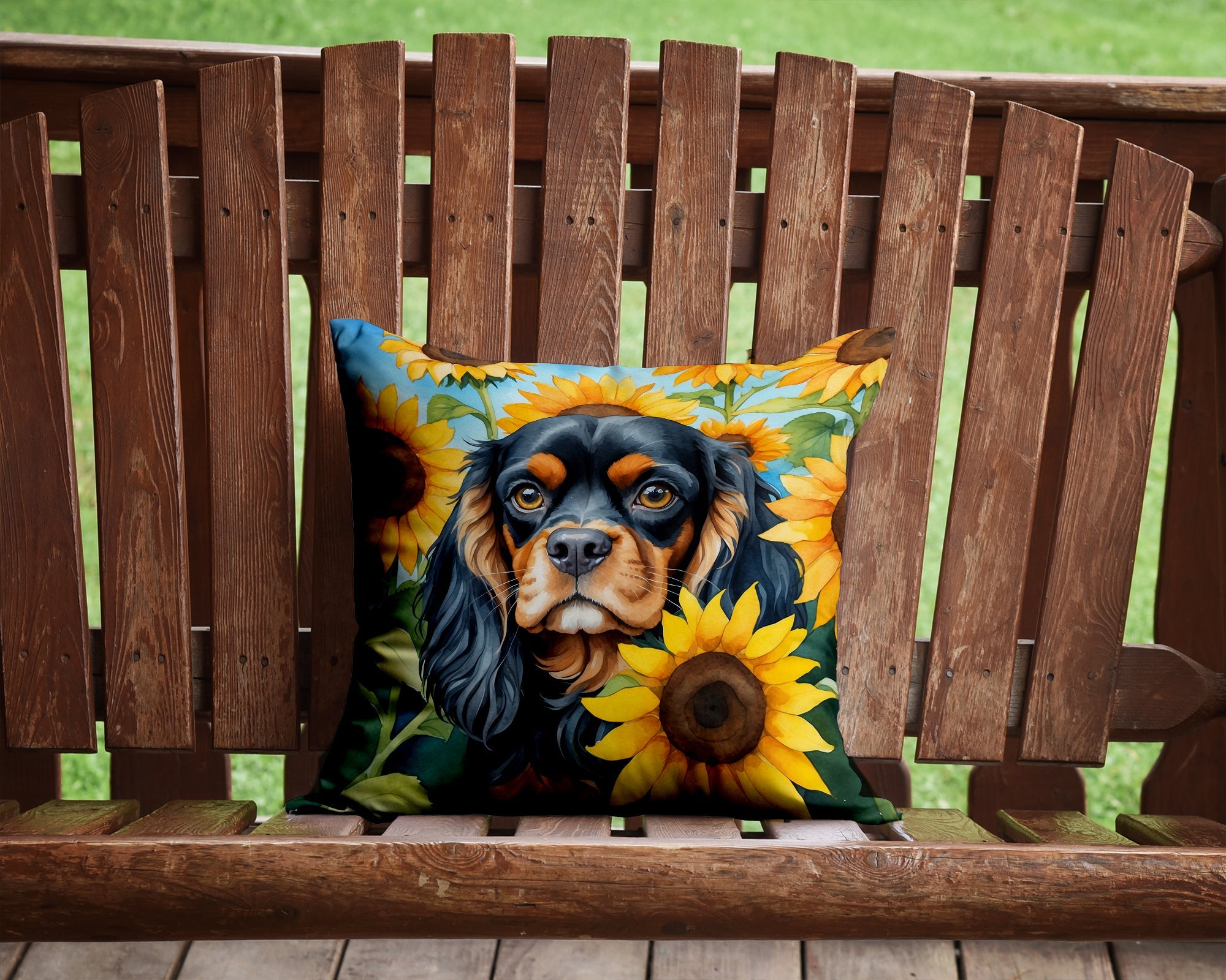 Cavalier Spaniel in Sunflowers Decorative Throw Pillow 14x14 Indoor Outdoor Accent Cushion, Fabric Cover with Insert for Sofa, Bed, Porch & Living Room