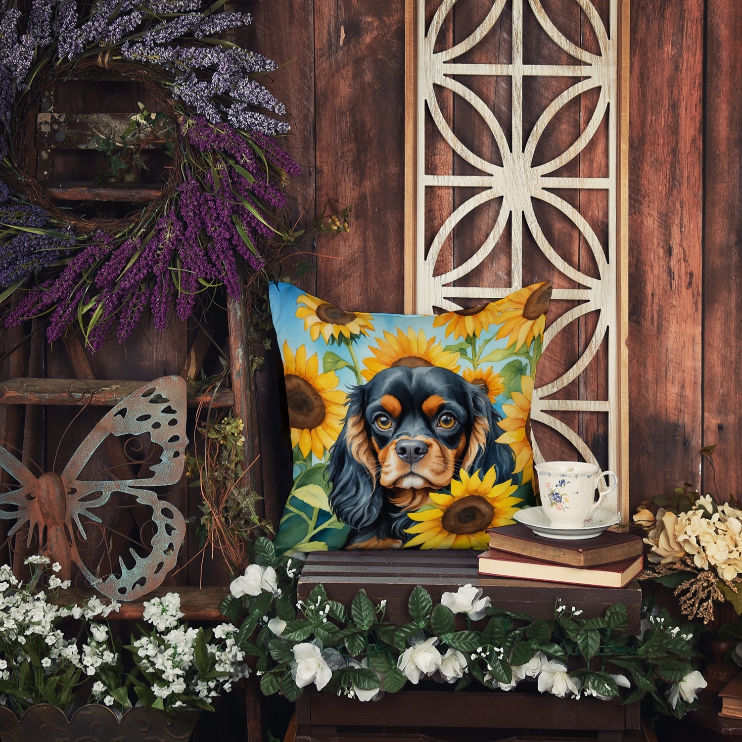 Cavalier Spaniel in Sunflowers Decorative Throw Pillow 14x14 Indoor Outdoor Accent Cushion, Fabric Cover with Insert for Sofa, Bed, Porch & Living Room