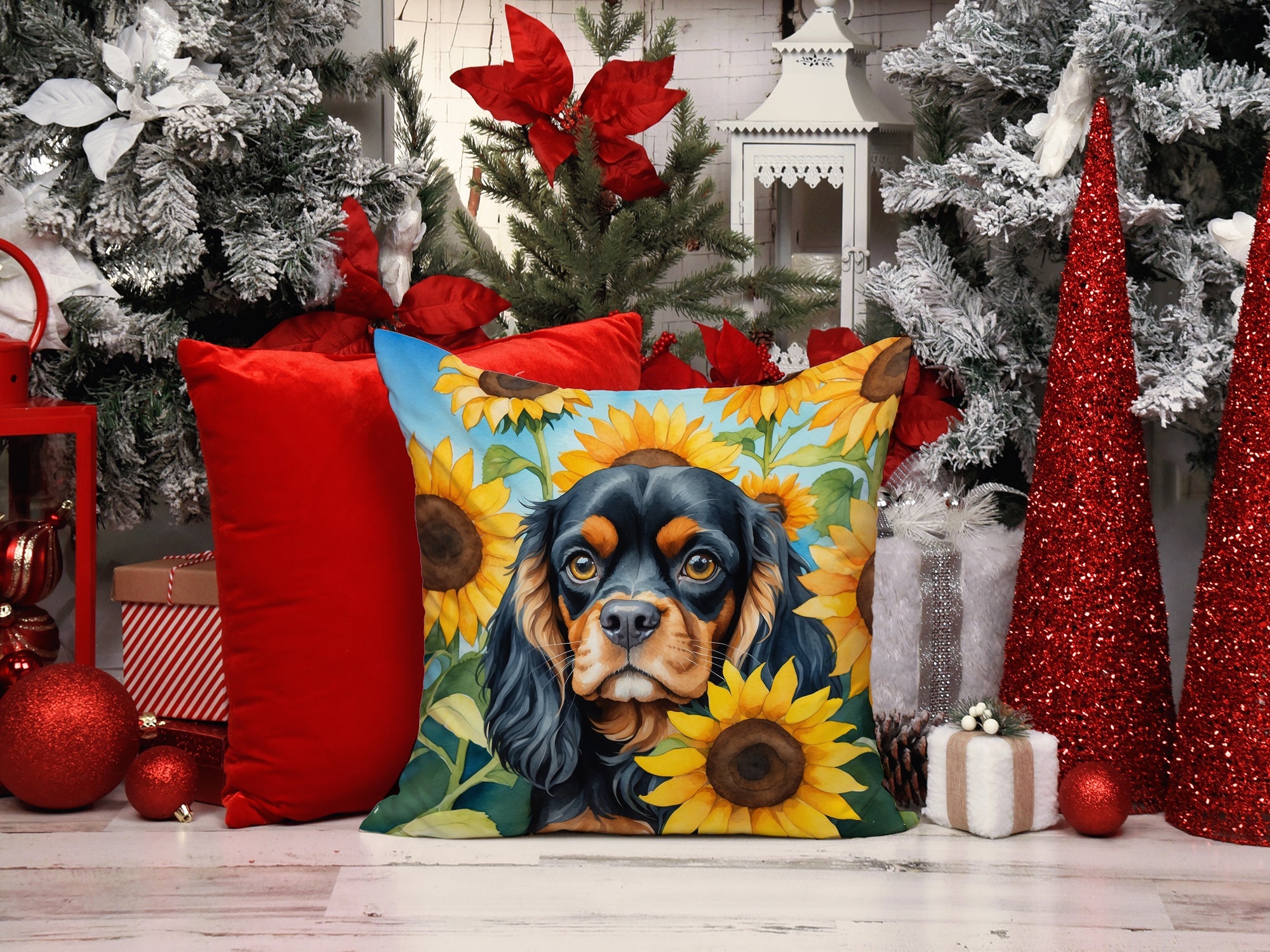 Cavalier Spaniel in Sunflowers Decorative Throw Pillow 14x14 Indoor Outdoor Accent Cushion, Fabric Cover with Insert for Sofa, Bed, Porch & Living Room
