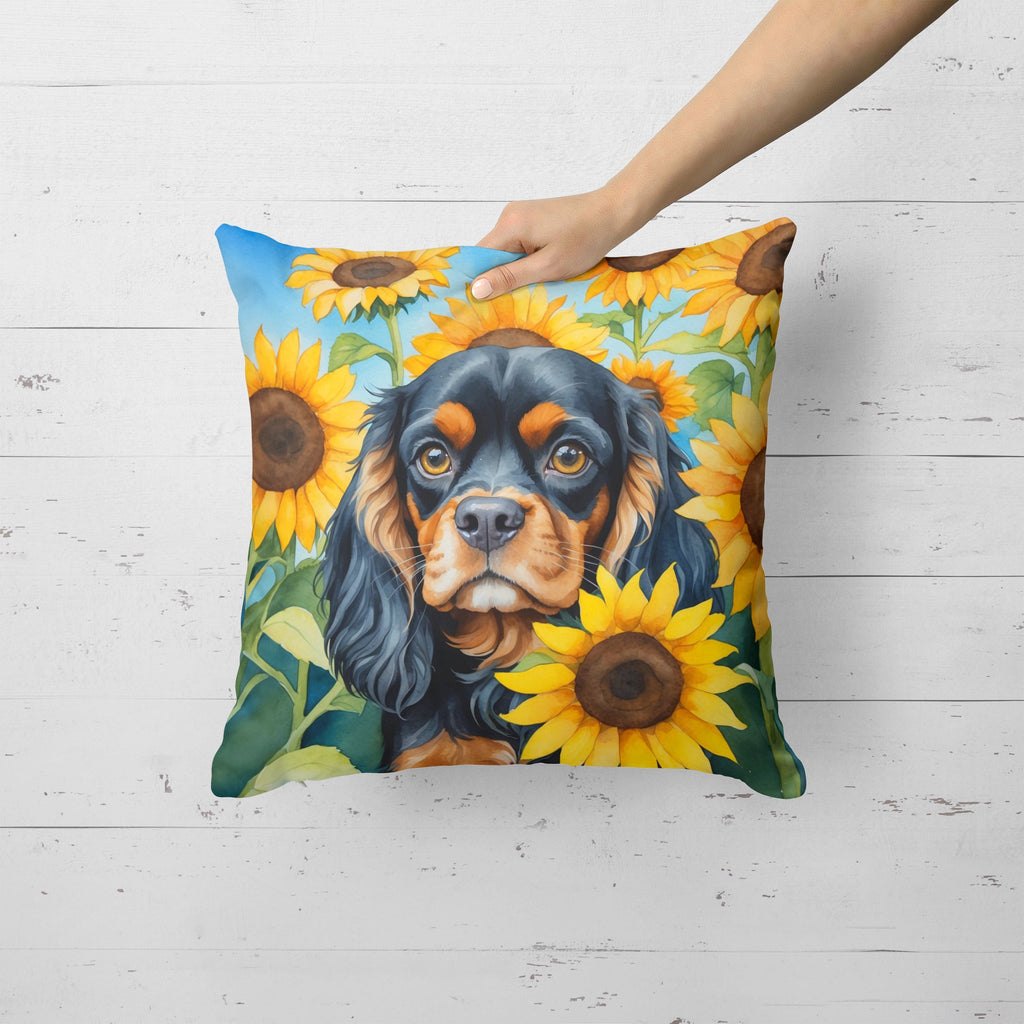 Cavalier Spaniel in Sunflowers Decorative Throw Pillow 18x18 Indoor Outdoor Accent Cushion, Fabric Cover with Insert for Sofa, Bed, Porch & Living Room