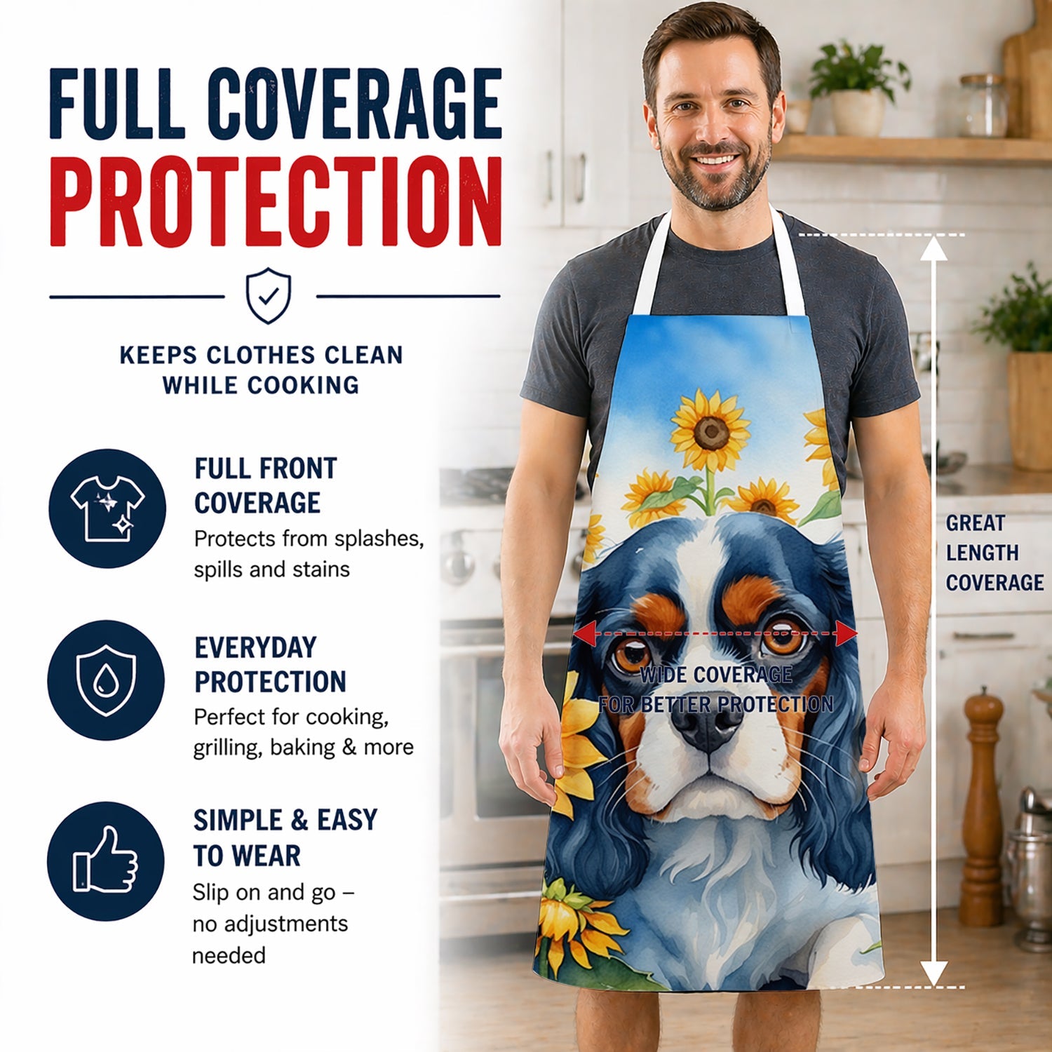 Cavalier Spaniel in Sunflowers Apron Cooking Kitchen Server Baking Crafts Gardening for Adult Women Men, Unisex, Large, Multicolor