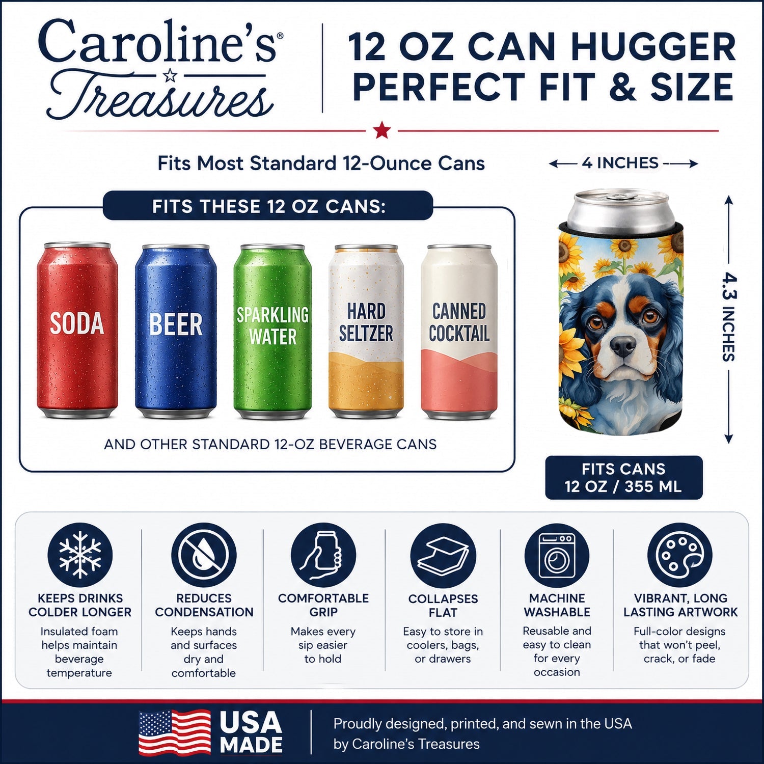 Cavalier Spaniel in Sunflowers Can or Bottle Hugger Cooler Sleeve for Standard 12 oz Cans, Insulated Foam Beer & Soda Can Hugger Reusable