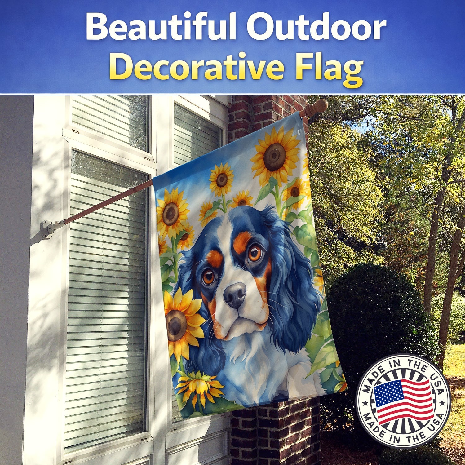 Cavalier Spaniel in Sunflowers House Flag 28x40 Porch Sleeve Pole Decorative Outside Yard Banner Artwork Wall Hanging, Polyester