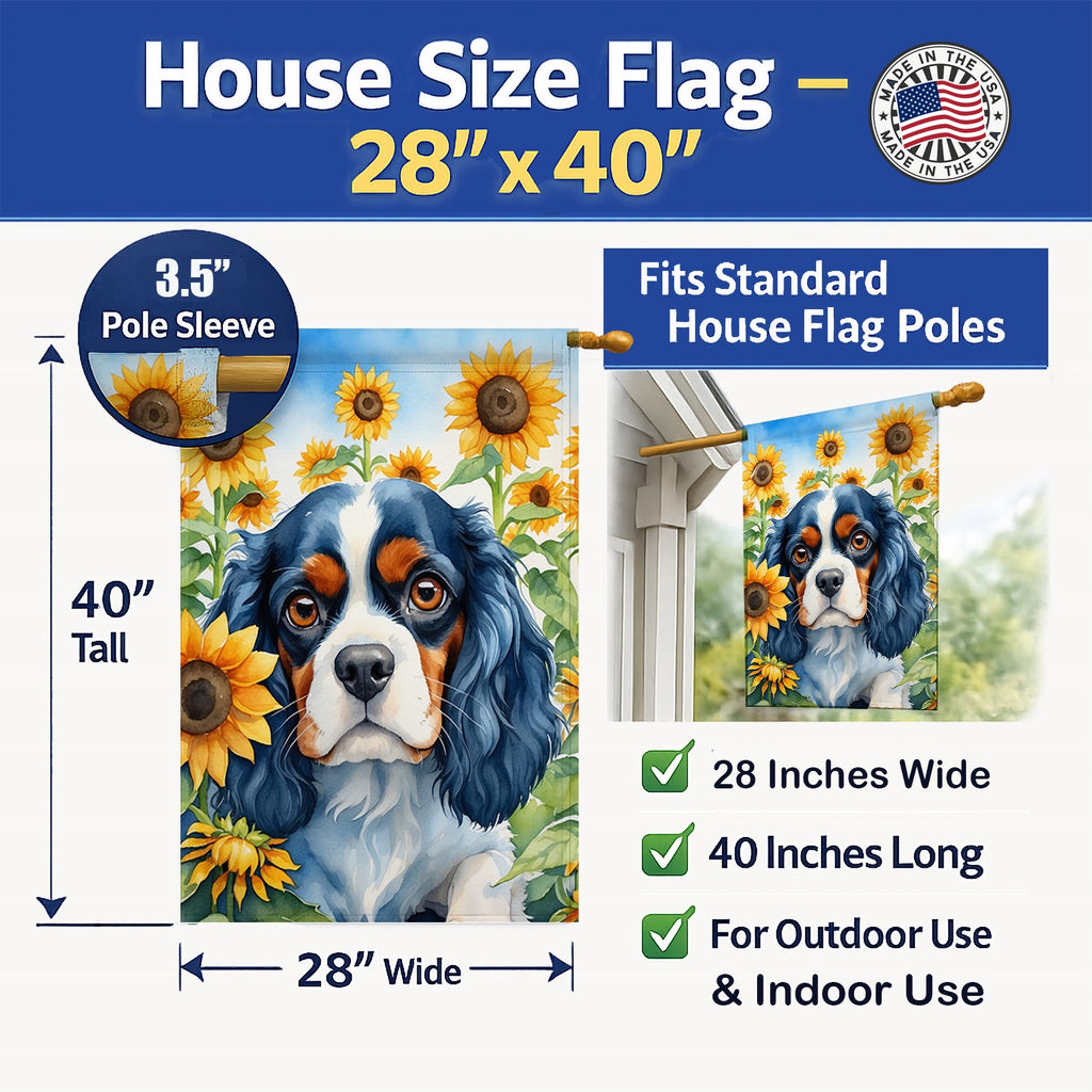 Cavalier Spaniel in Sunflowers House Flag 28x40 Porch Sleeve Pole Decorative Outside Yard Banner Artwork Wall Hanging, Polyester