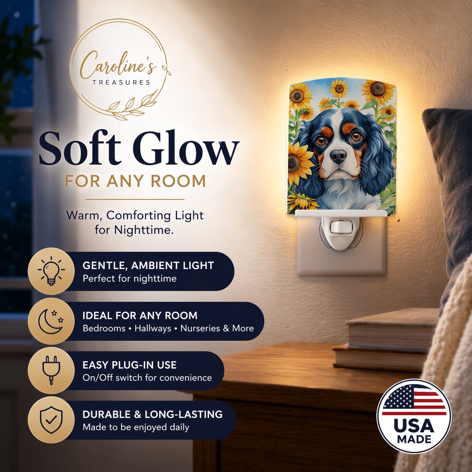 Cavalier Spaniel in Sunflowers Ceramic Night Light Compact, UL-Certified, Ideal for Bedroom, Bathroom, Nursery, Hallway, Kitchen, 6x4x3, Multicolor