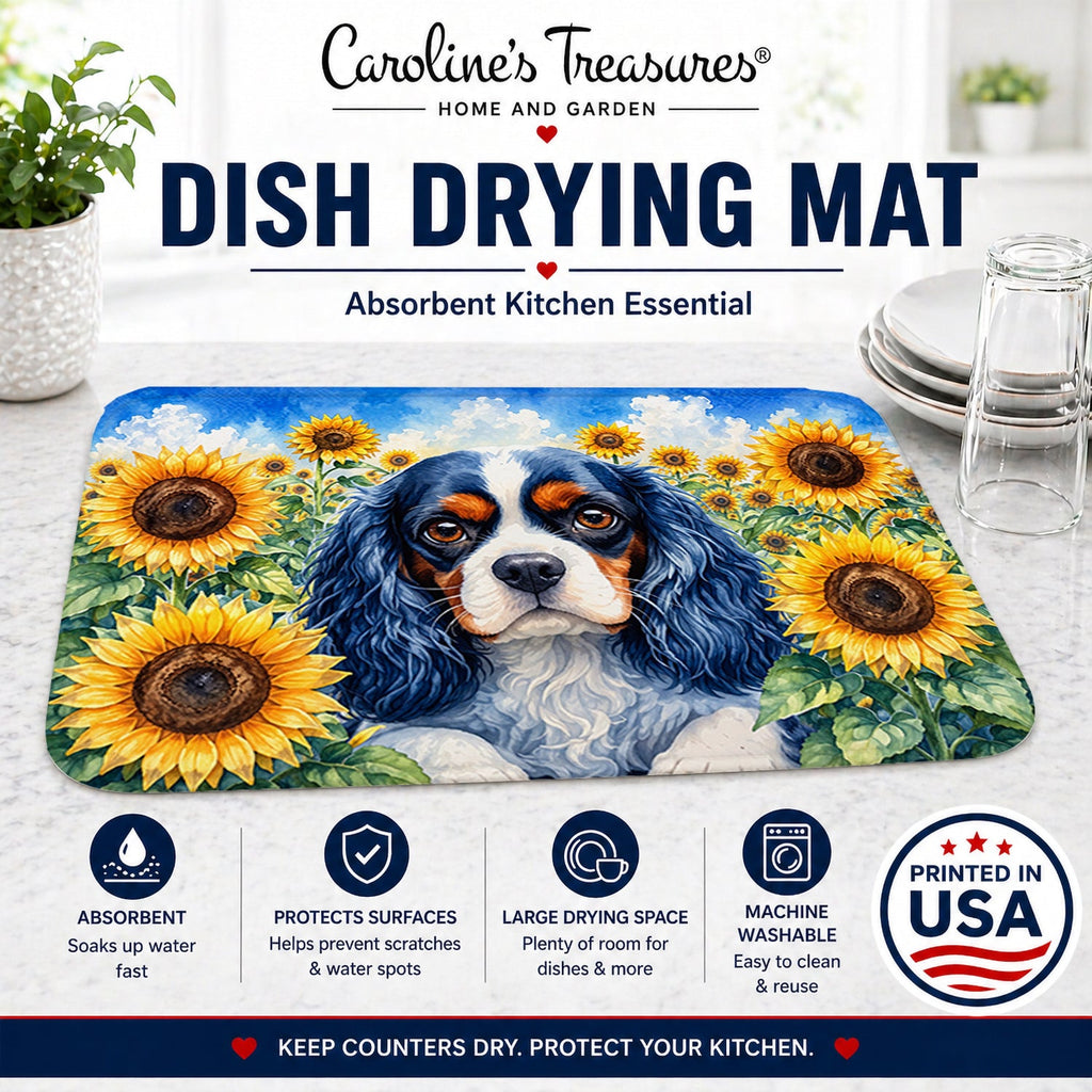 Cavalier Spaniel in Sunflowers Dish Drying Mat Absorbent Dish Drying Mat Pad for Kitchen Counter Dish Drainer Mat for Countertop, 14 x 21", Multicolor