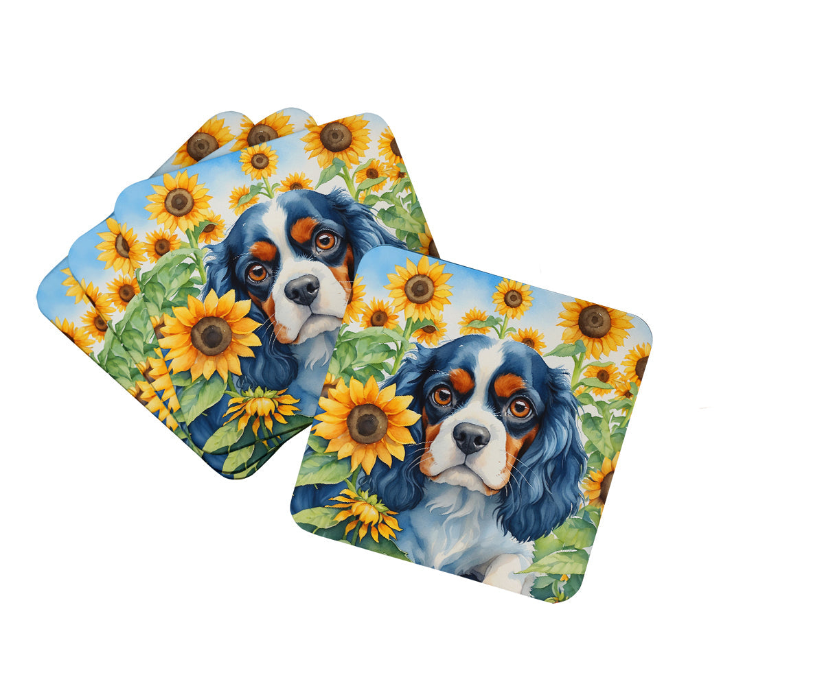Cavalier Spaniel in Sunflowers Foam Coasters Set of 4 Cup Coasters for Indoor Outdoor, Tabletop Protection, Anti Slip, Mouse pad Material