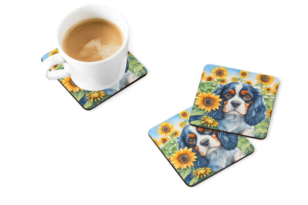 Cavalier Spaniel in Sunflowers Foam Coasters Set of 4 Cup Coasters for Indoor Outdoor, Tabletop Protection, Anti Slip, Mouse pad Material