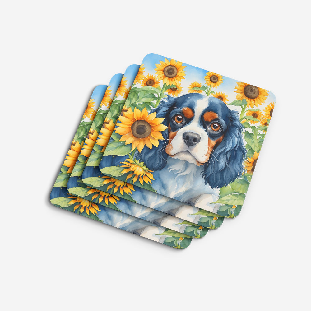 Cavalier Spaniel in Sunflowers Foam Coasters Set of 4 Cup Coasters for Indoor Outdoor, Tabletop Protection, Anti Slip, Mouse pad Material