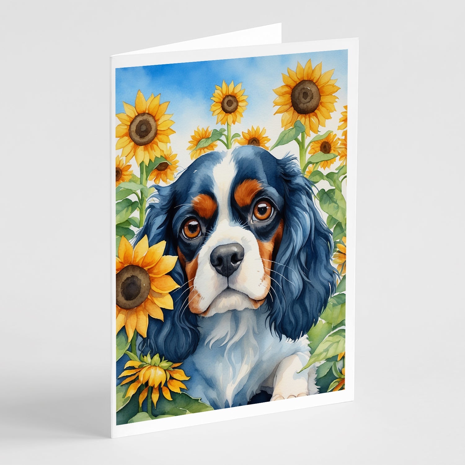 Cavalier Spaniel in Sunflowers Greeting Cards Pack of 8 Blank Cards with Envelopes Whimsical A7 Size 5x7
