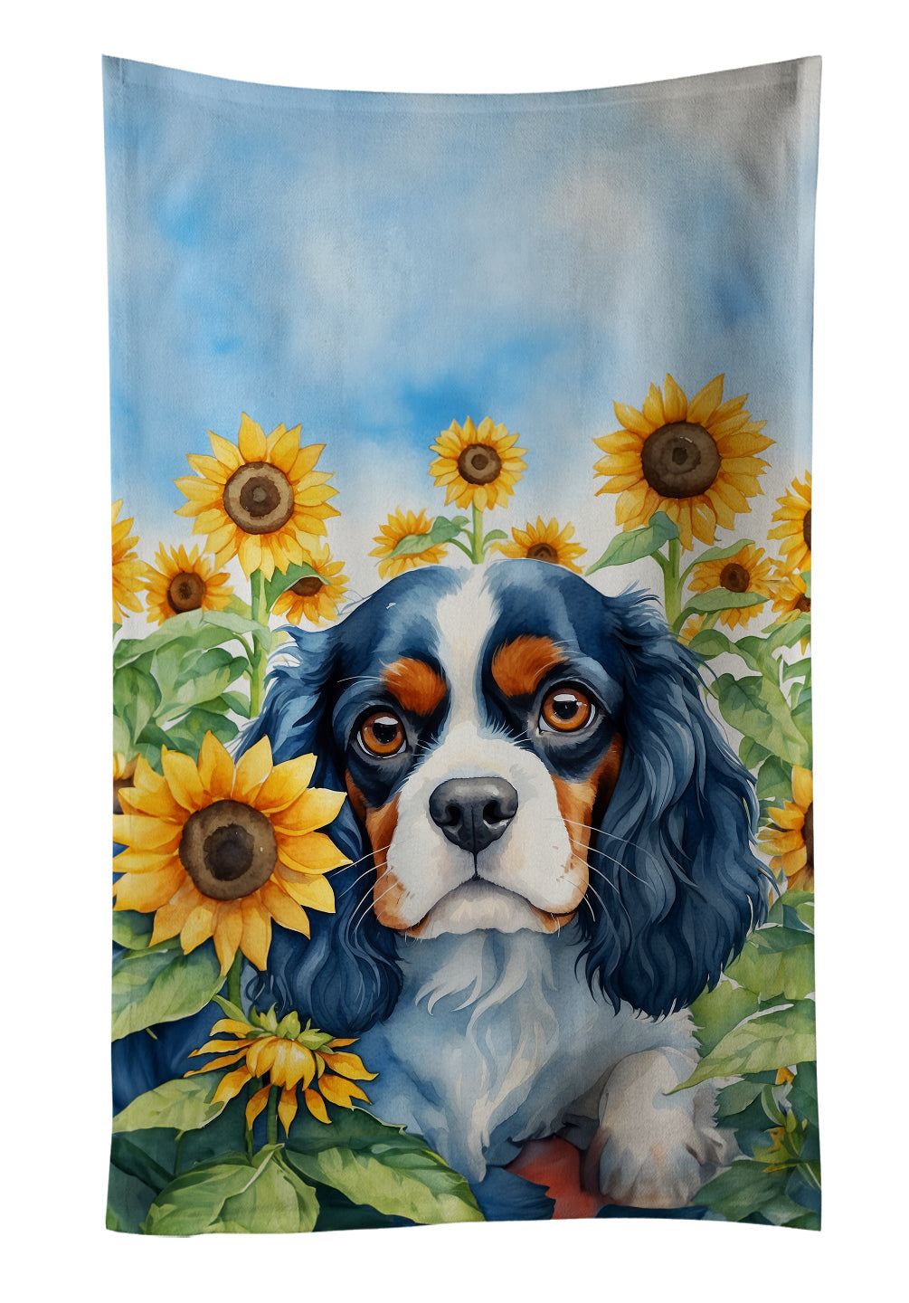 Cavalier Spaniel in Sunflowers Kitchen Towel Velour Plush Front and Cotton Loop Back Machine Washable