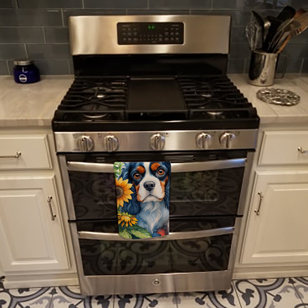 Cavalier Spaniel in Sunflowers Kitchen Towel Velour Plush Front and Cotton Loop Back Machine Washable