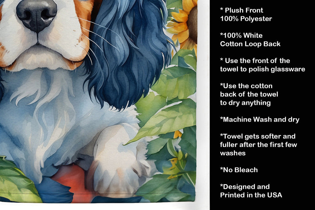 Cavalier Spaniel in Sunflowers Kitchen Towel Velour Plush Front and Cotton Loop Back Machine Washable