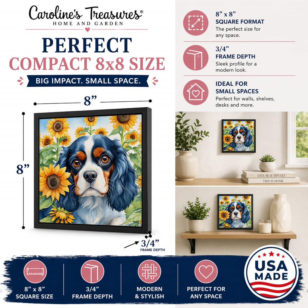 Cavalier Spaniel in Sunflowers Framed Metal Print Bathroom, Kitchen, Office, Home Decor Wall Art Ready to Hang, Square, 8X8
