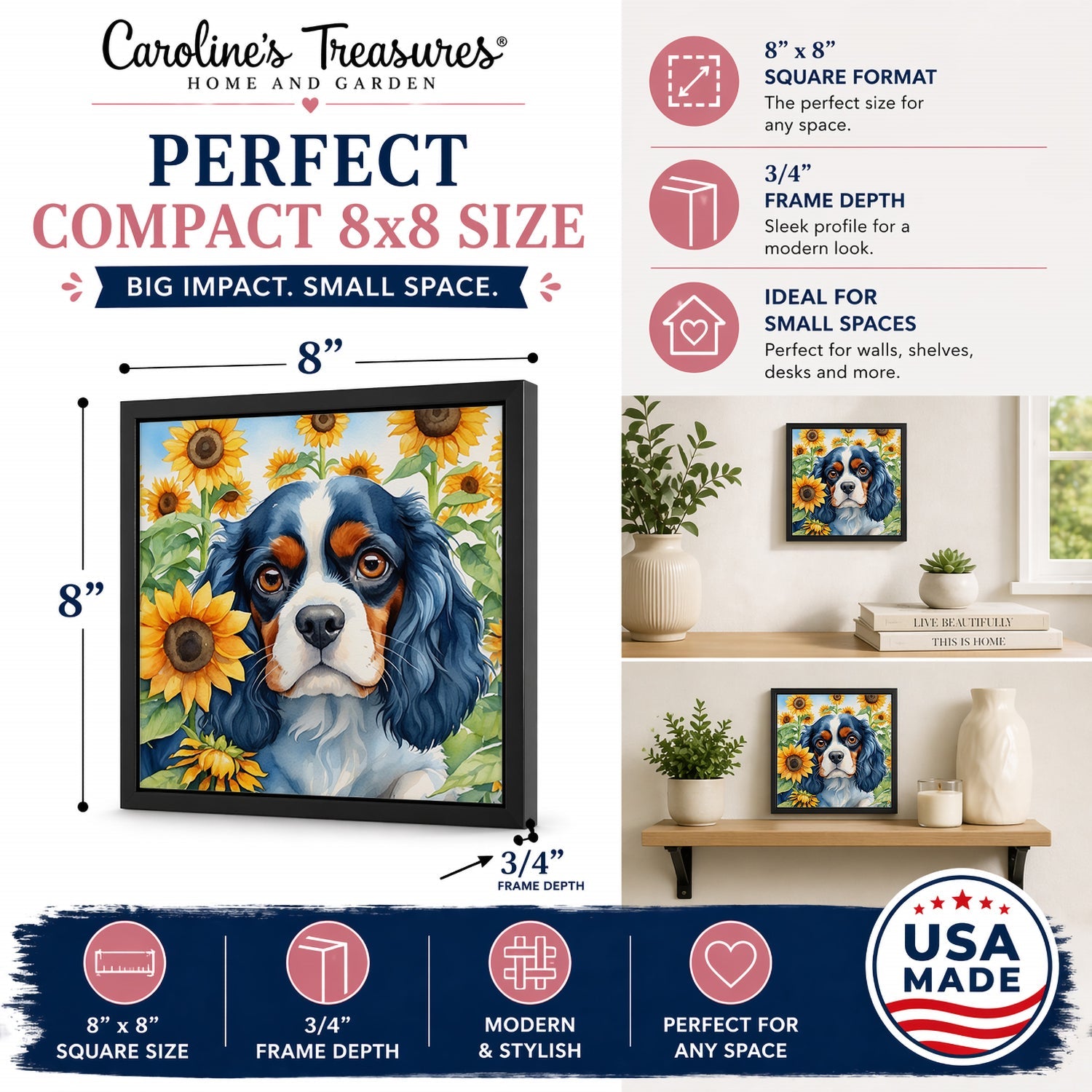 Cavalier Spaniel in Sunflowers Framed Metal Print Bathroom, Kitchen, Office, Home Decor Wall Art Ready to Hang, Square, 8X8