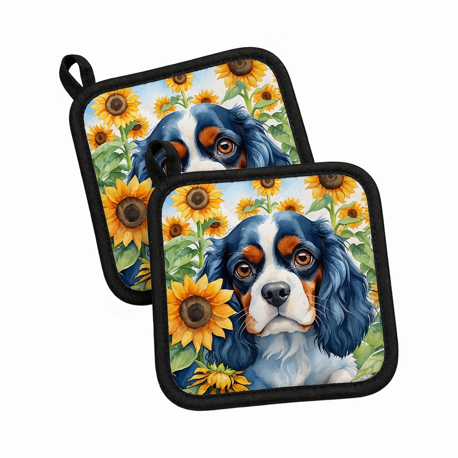 Cavalier Spaniel in Sunflowers Pot Holder Set of 2 Heat Resistant Quilted Hot Pads 7.5 x 7.5 Inch, Insulated Kitchen Trivets for Cooking & Baking