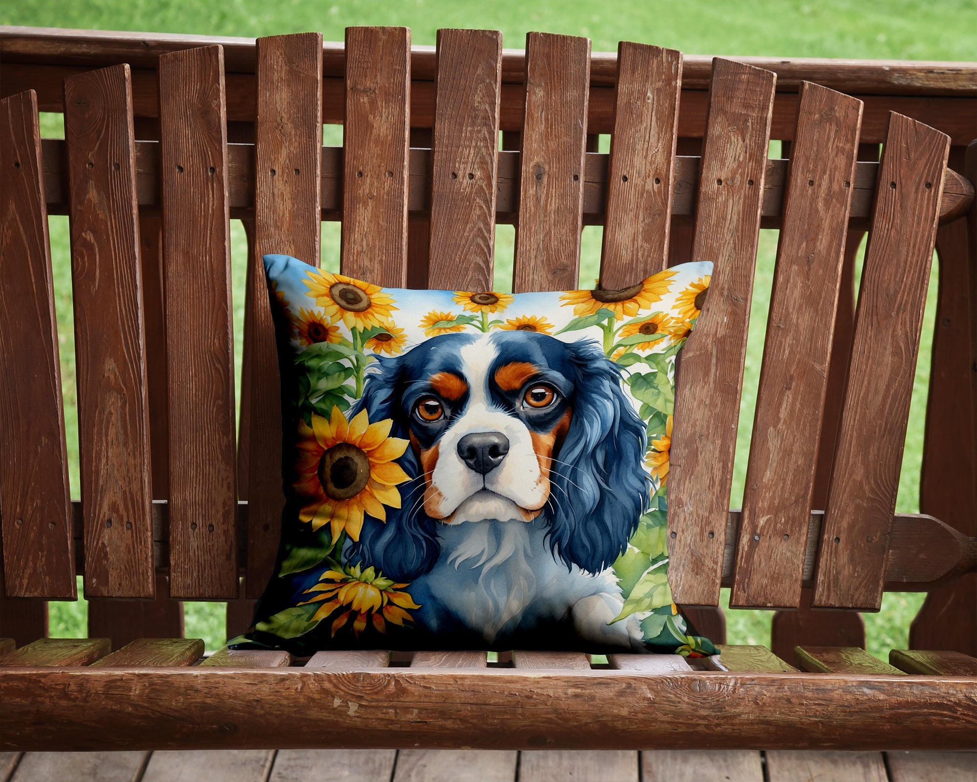 Cavalier Spaniel in Sunflowers Decorative Throw Pillow 14x14 Indoor Outdoor Accent Cushion, Fabric Cover with Insert for Sofa, Bed, Porch & Living Room