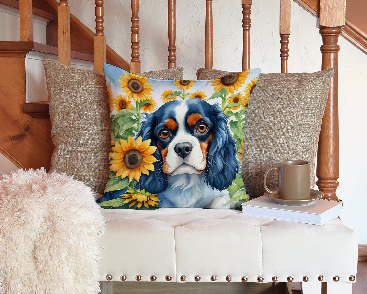 Cavalier Spaniel in Sunflowers Decorative Throw Pillow 14x14 Indoor Outdoor Accent Cushion, Fabric Cover with Insert for Sofa, Bed, Porch & Living Room