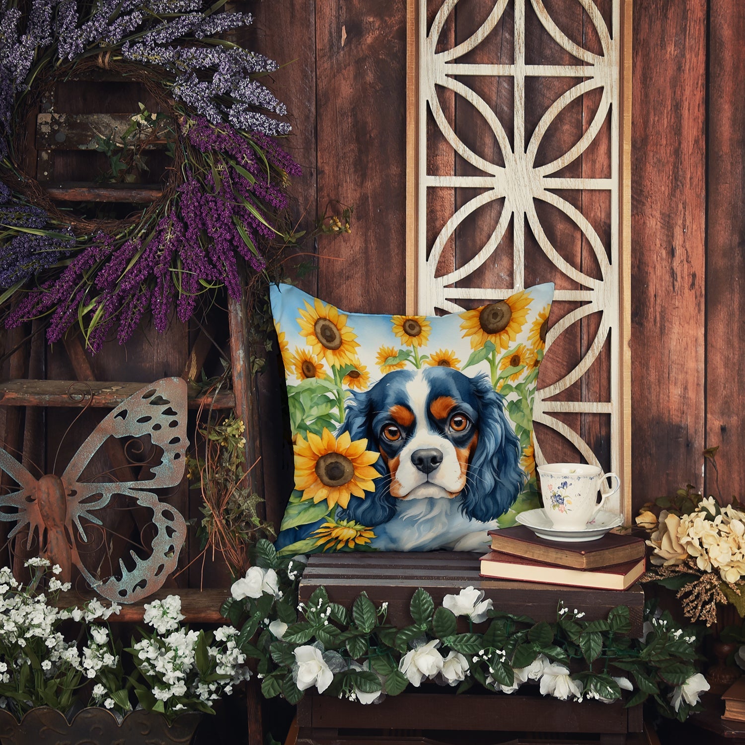 Cavalier Spaniel in Sunflowers Decorative Throw Pillow 14x14 Indoor Outdoor Accent Cushion, Fabric Cover with Insert for Sofa, Bed, Porch & Living Room