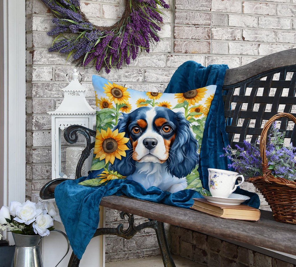 Cavalier Spaniel in Sunflowers Decorative Throw Pillow 18x18 Indoor Outdoor Accent Cushion, Fabric Cover with Insert for Sofa, Bed, Porch & Living Room
