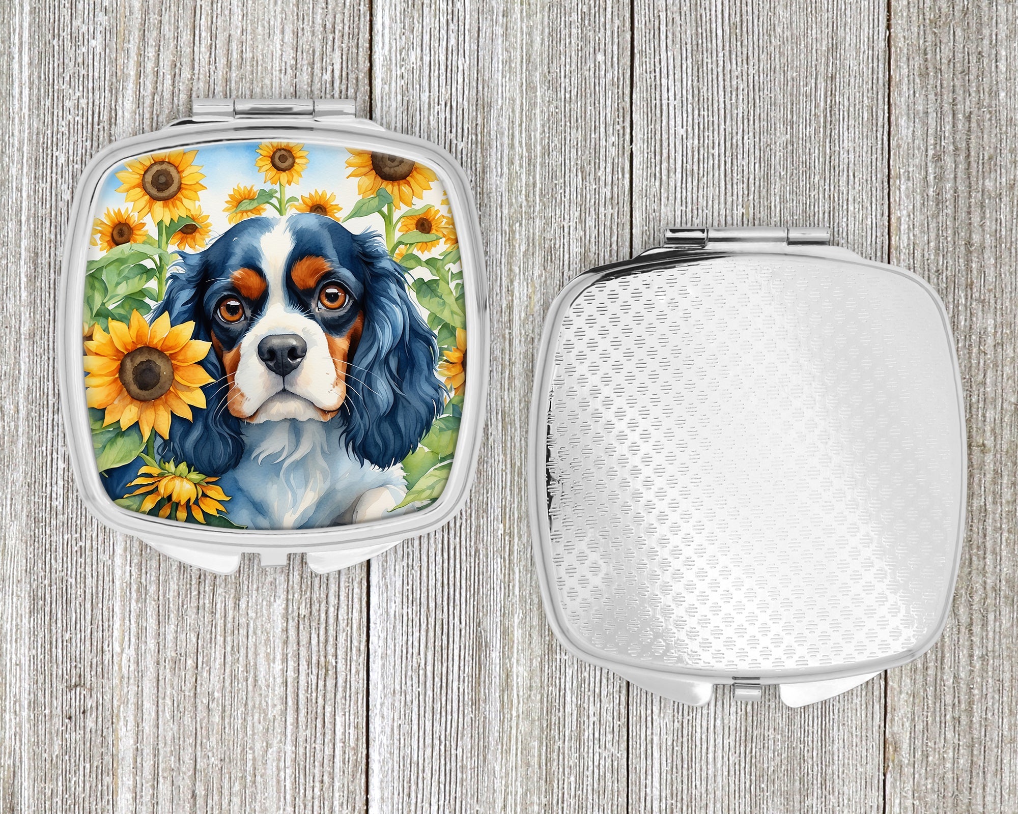 Cavalier Spaniel in Sunflowers Compact Mirror Decorative Travel Makeup Mirror for Women Girls Gifts Pocket Makeup Mirror Folding Handheld
