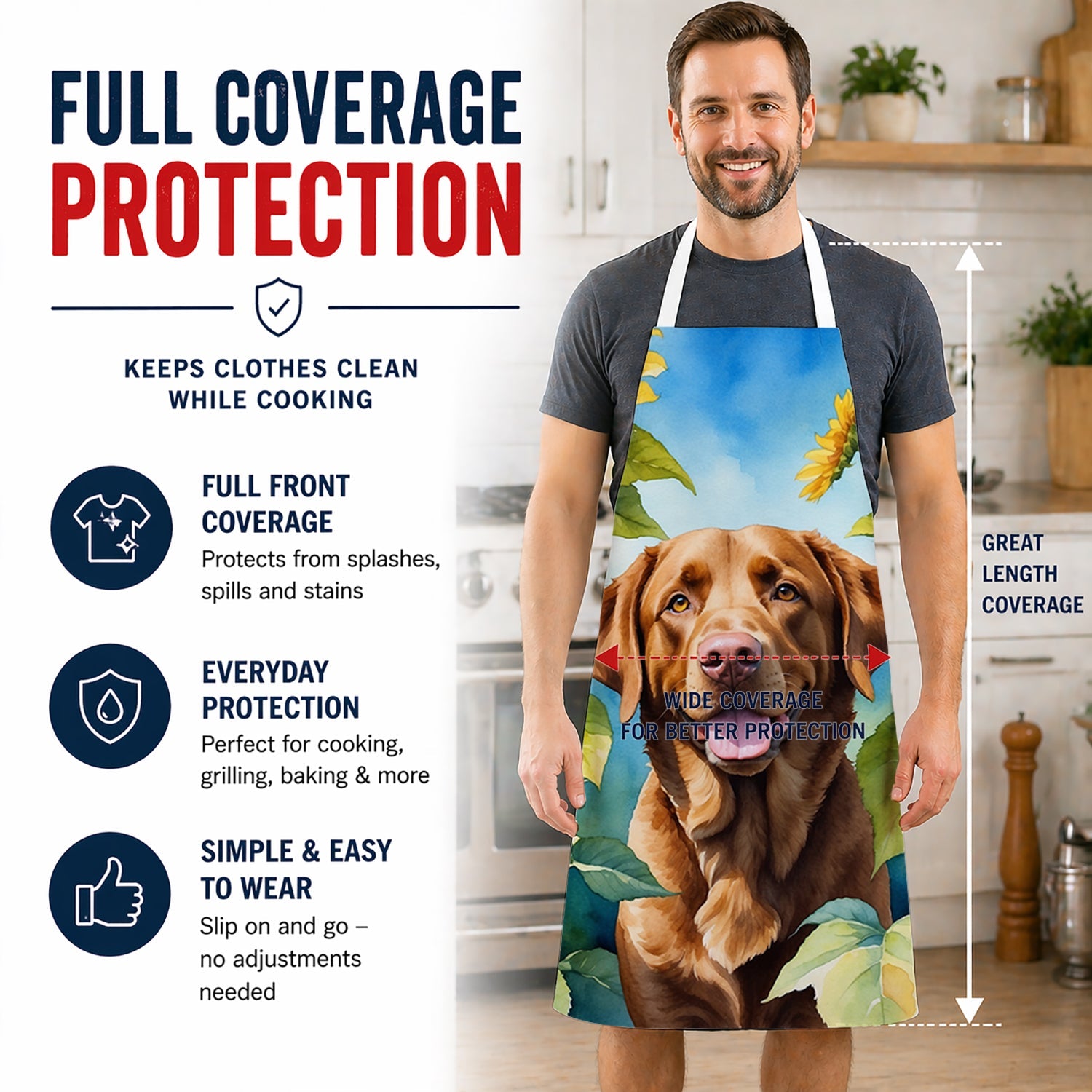 Chesapeake Bay Retriever in Sunflowers Apron Cooking Kitchen Server Baking Crafts Gardening for Adult Women Men, Unisex, Large, Multicolor