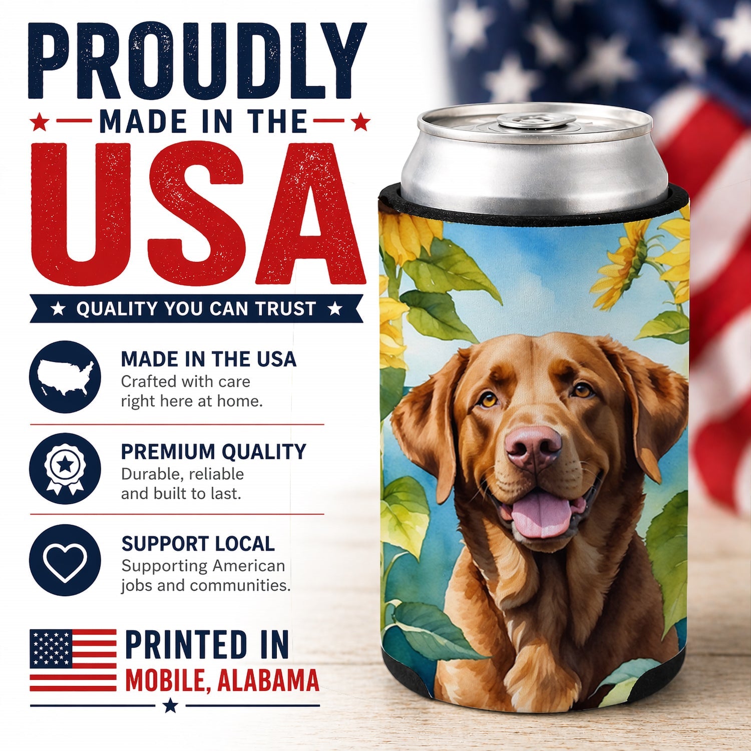 Chesapeake Bay Retriever in Sunflowers Can or Bottle Hugger Cooler Sleeve for Standard 12 oz Cans, Insulated Foam Beer & Soda Can Hugger Reusable