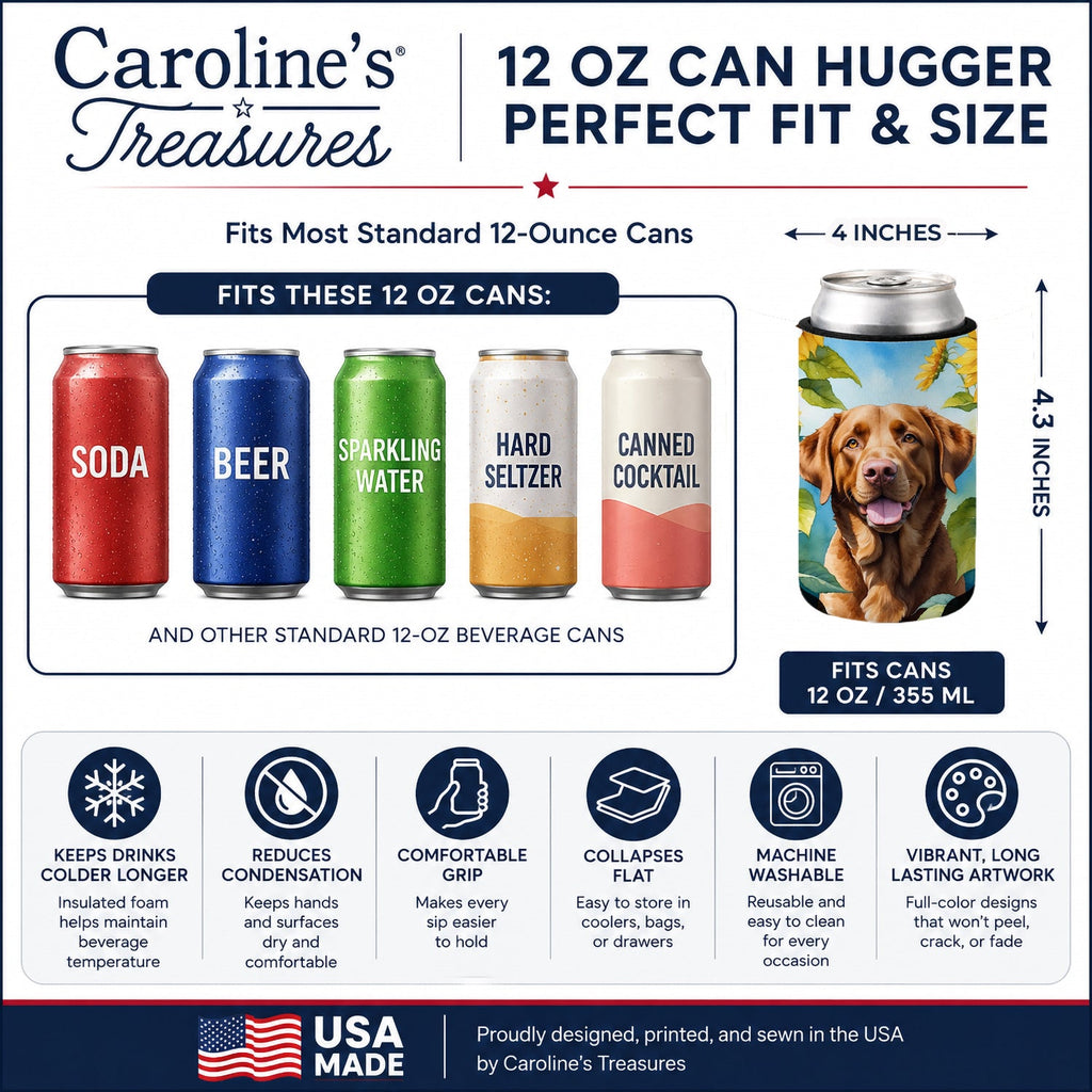 Chesapeake Bay Retriever in Sunflowers Can or Bottle Hugger Cooler Sleeve for Standard 12 oz Cans, Insulated Foam Beer & Soda Can Hugger Reusable