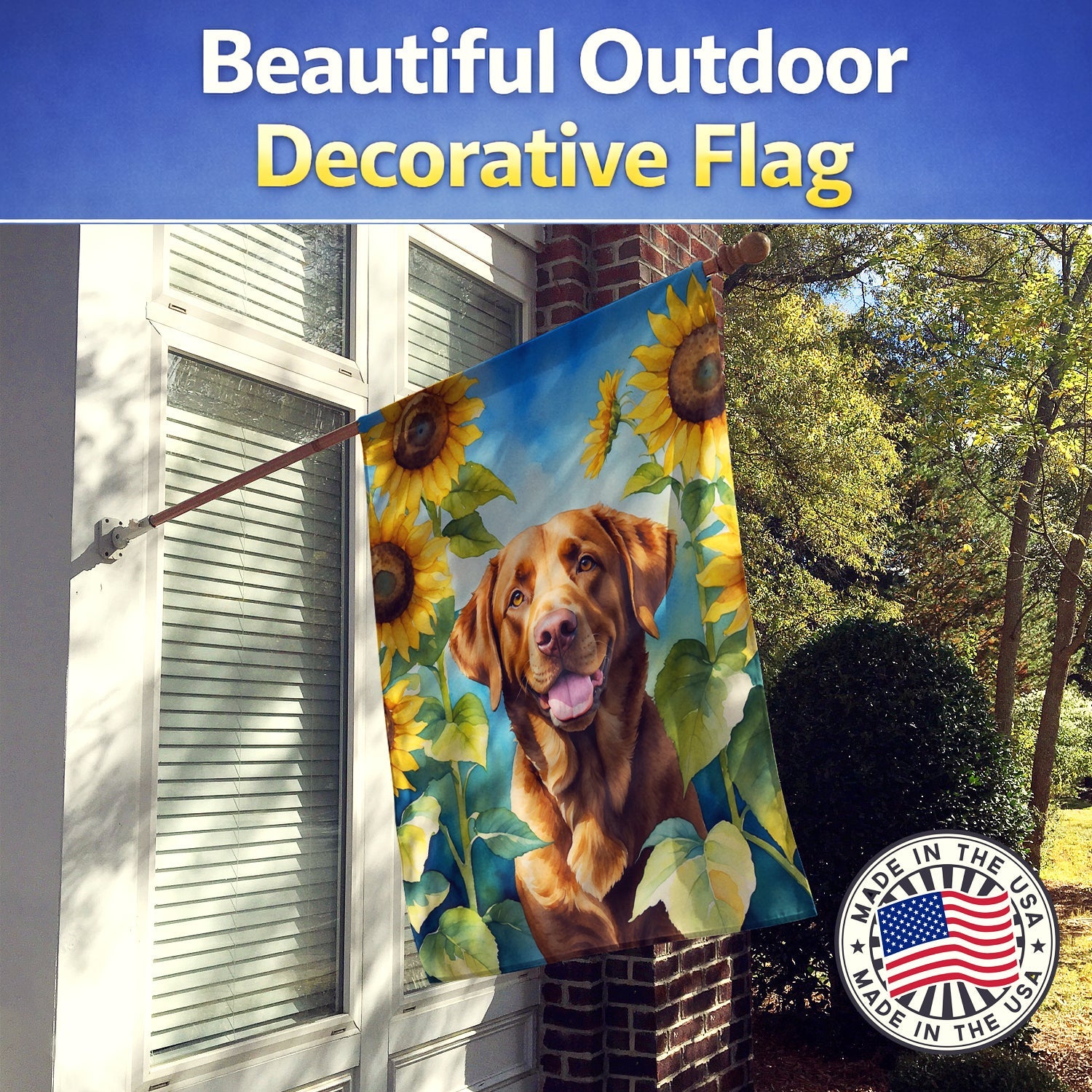 Chesapeake Bay Retriever in Sunflowers House Flag 28x40 Porch Sleeve Pole Decorative Outside Yard Banner Artwork Wall Hanging, Polyester