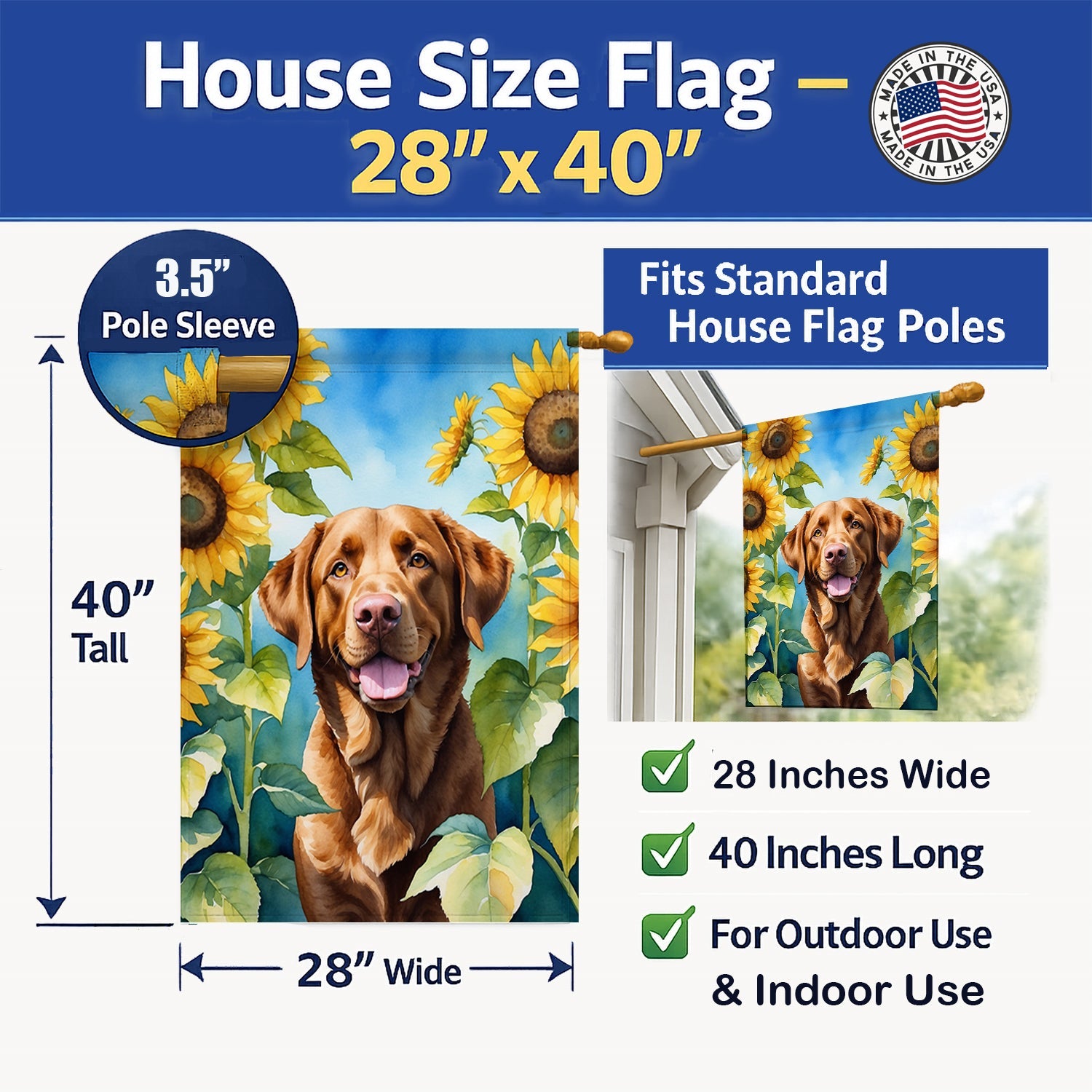 Chesapeake Bay Retriever in Sunflowers House Flag 28x40 Porch Sleeve Pole Decorative Outside Yard Banner Artwork Wall Hanging, Polyester